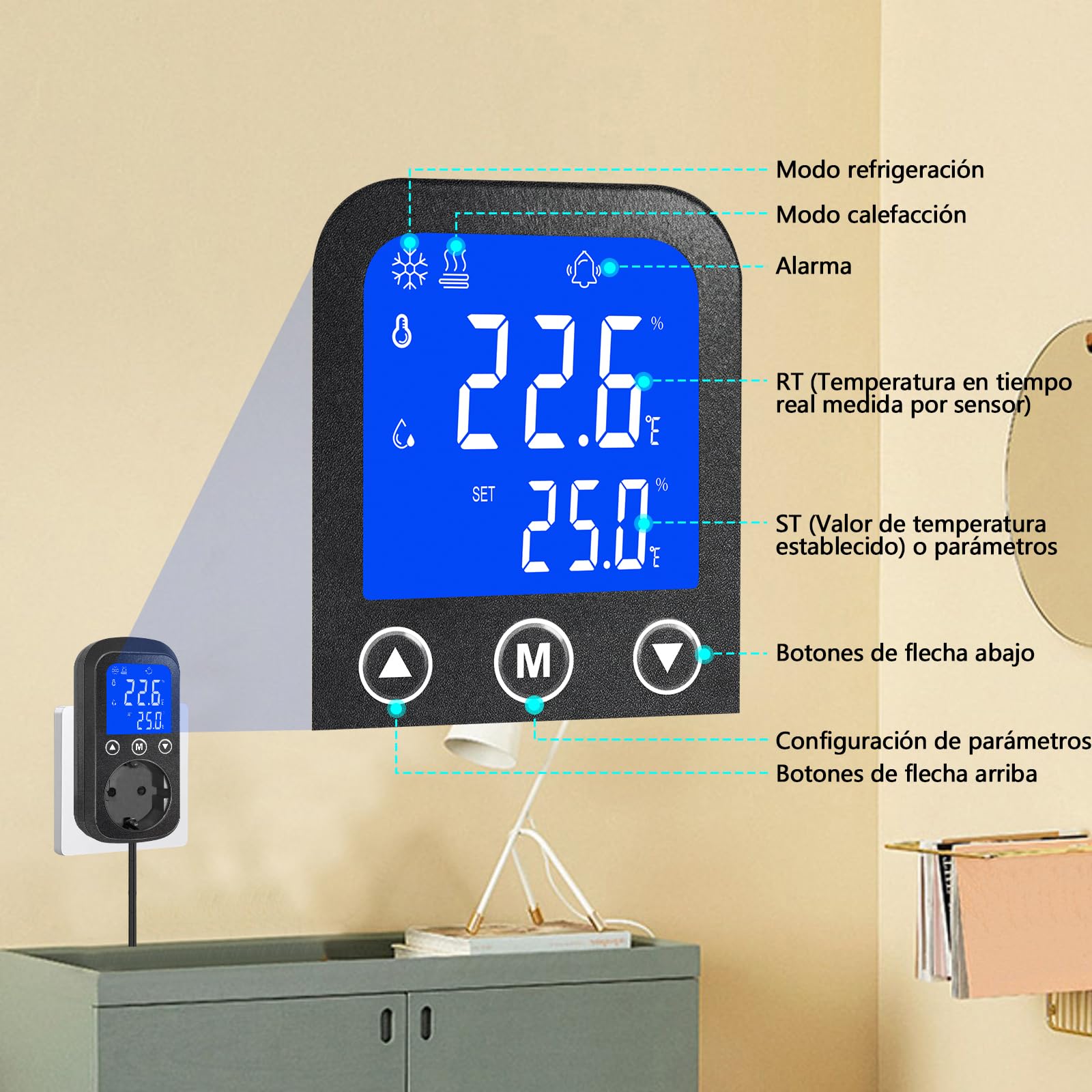 KETOTEK KT2000 Controlador de Temperatura Digital con Sonda Impermeable – Termostato de Enchufe para Calefacción y Refrigeración – para Reptiles, Acuario, Terrario, Invernadero