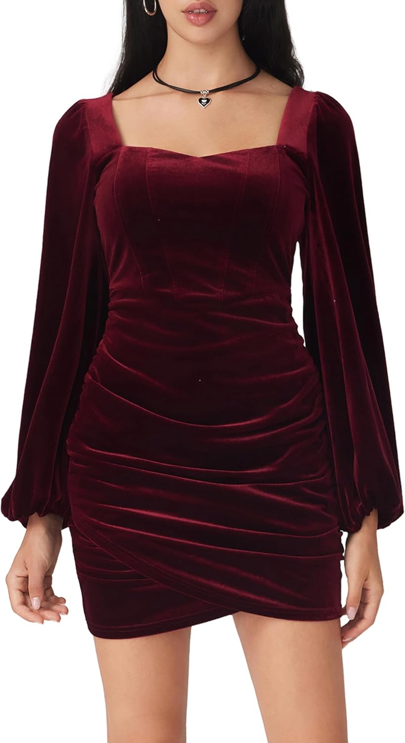 CIDER Velvet Mini Dresses Cocktail Long Lantern Sleeve Wedding Guest Dress Fall Fashion Bodycon Party Club Outfits - Image 4