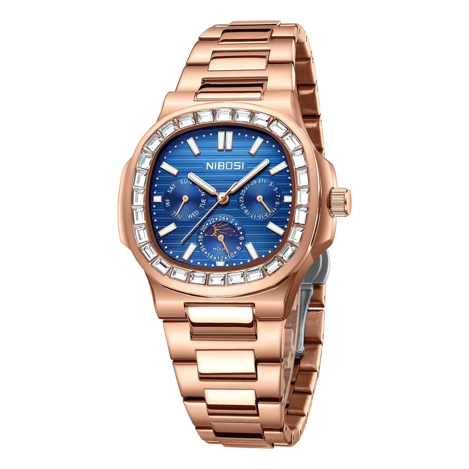 NIBOSI Orologio da polso da uomo analogico al quarzo multifunzione cronografo fase lunare impermeabile luminoso in acciaio inox