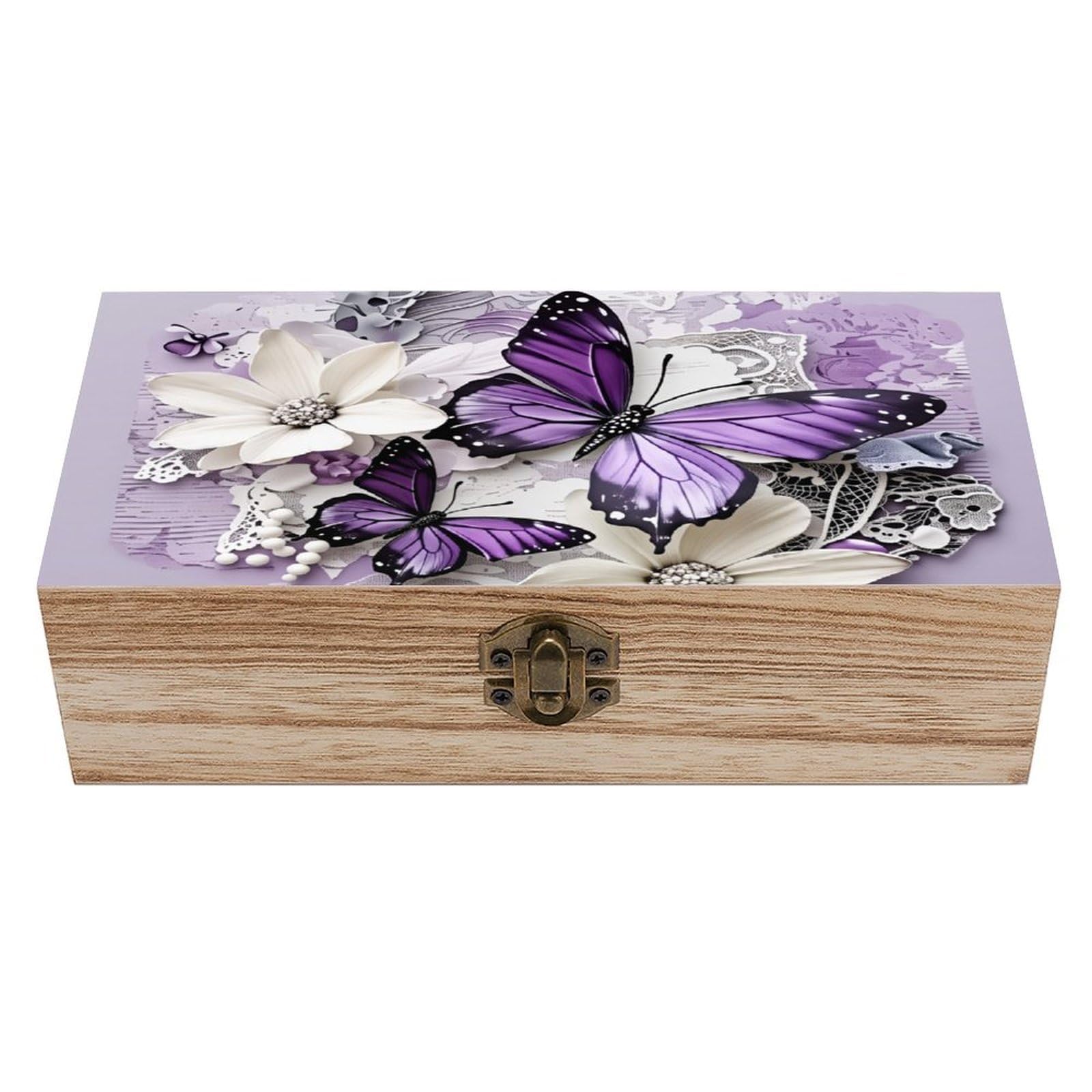 asbwuo Purple Butterfly Vintage Wooden Keepsake Box