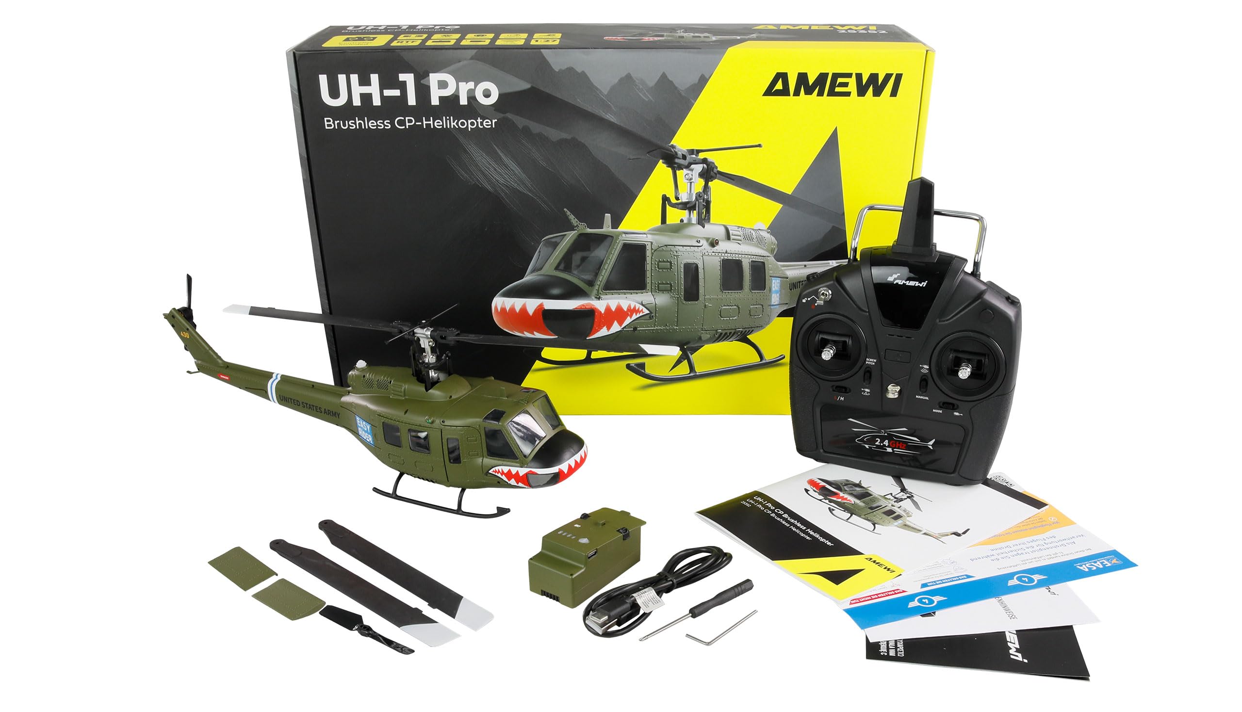 Amewi UH-1 PRO brushless CP Elicottero 6 canali 6G RTF RC telecomandato, verde
