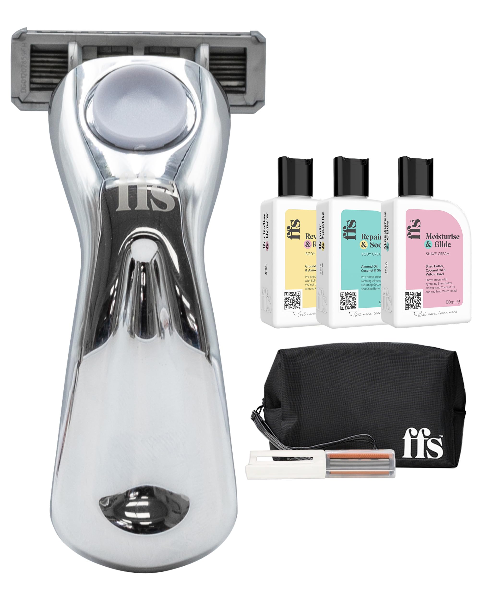 FFS Beauty - Set da barba da donna, con rasoio da viaggio argentato, custodia da viaggio, crema da barba, scrub per il corpo e crema per il corpo, kit da viaggio per pelli sensibili