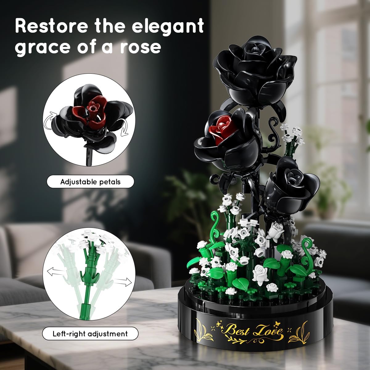 Close-up image showing how to adjust the petals of the black roses and the left-right adjustment of the stems.