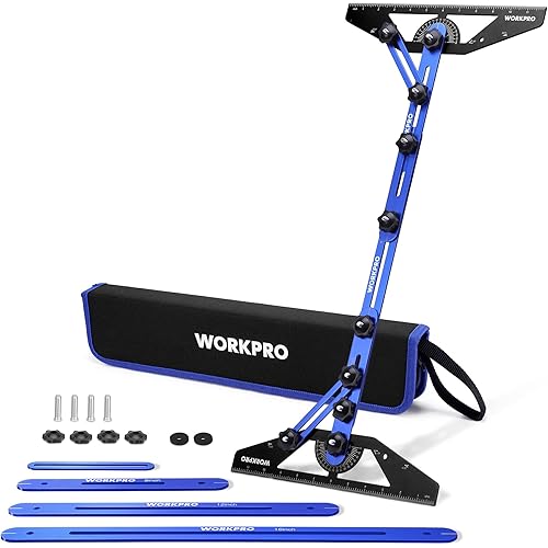 WORKPRO Stair Tread Template Tool, Stair Tread Jig with Triangular Structure Brace, 10.1" to 56.3" Adjustable Length Stair Measuring Tool, Aluminum Alloy Stair Tread Gauge for Stairs, Floor, Cabinets