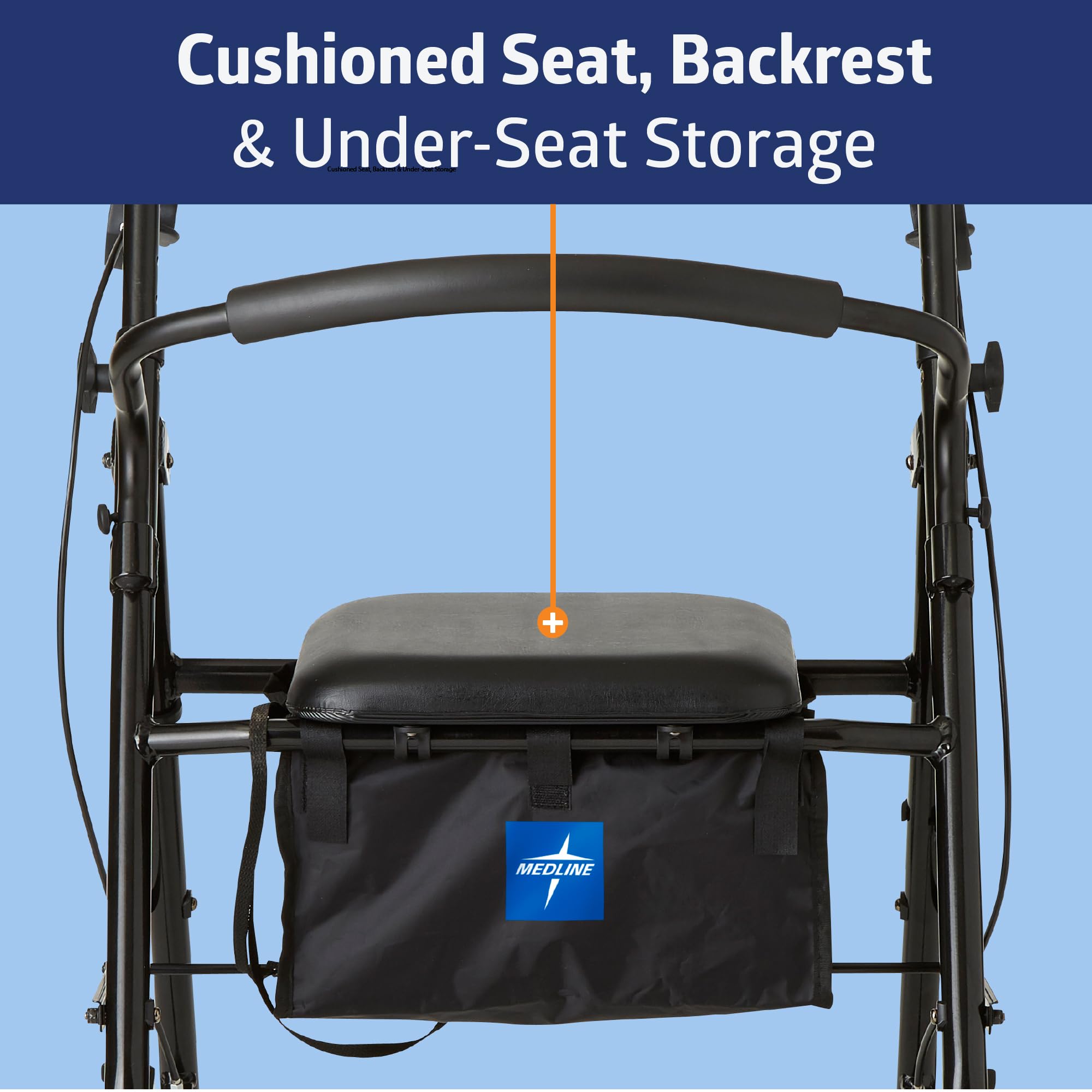 Medline - Andador de aluminio con asiento, plegable para movilidad con ruedas de 8 pulgadas, color negro