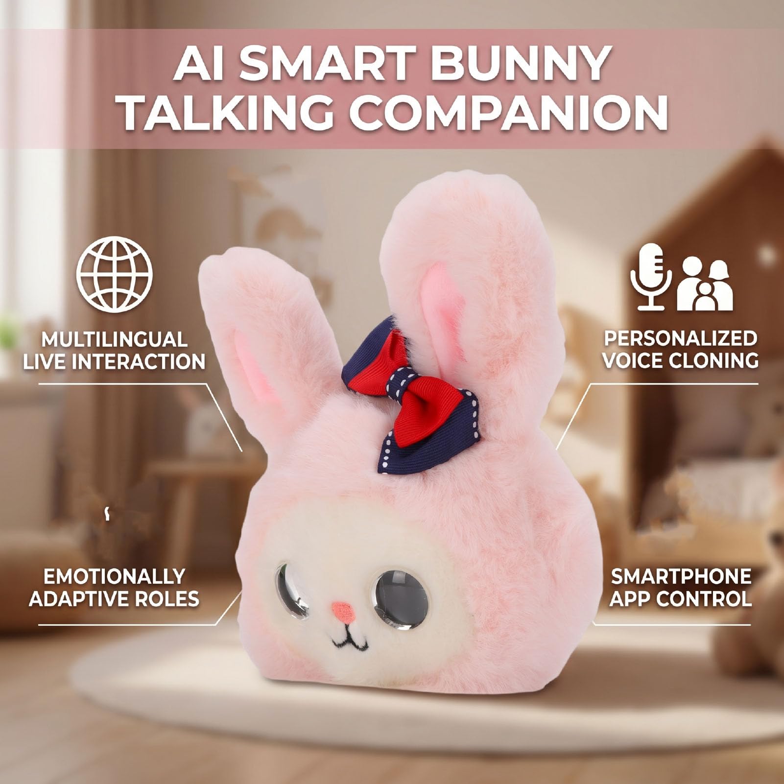 AI Robot EMO Pet Companion Toy Rabbit 16x13cm USB Tipo C 1000mAh Batería - Compañero Parlante Interactivo Multilingüe con Control de Aplicación para Niños Aprendizaje Emocional