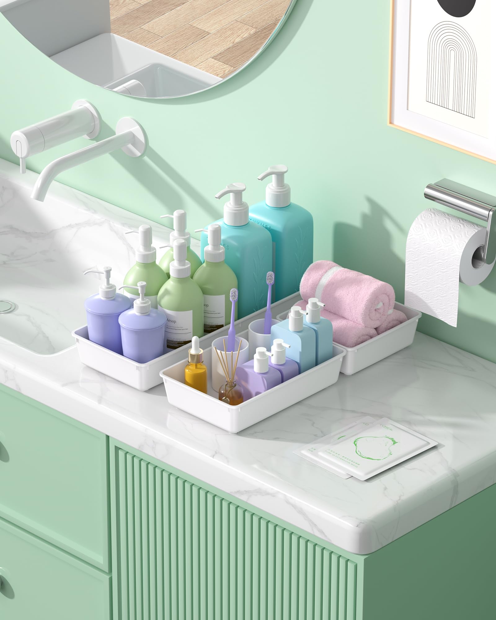 Set di 10 organizer per cassetti di grandi dimensioni, in plastica, 3 misure, per scrivania, cassetti, contenitori per vanità, trucco, bagno, utensili da cucina e ufficio (bianco)