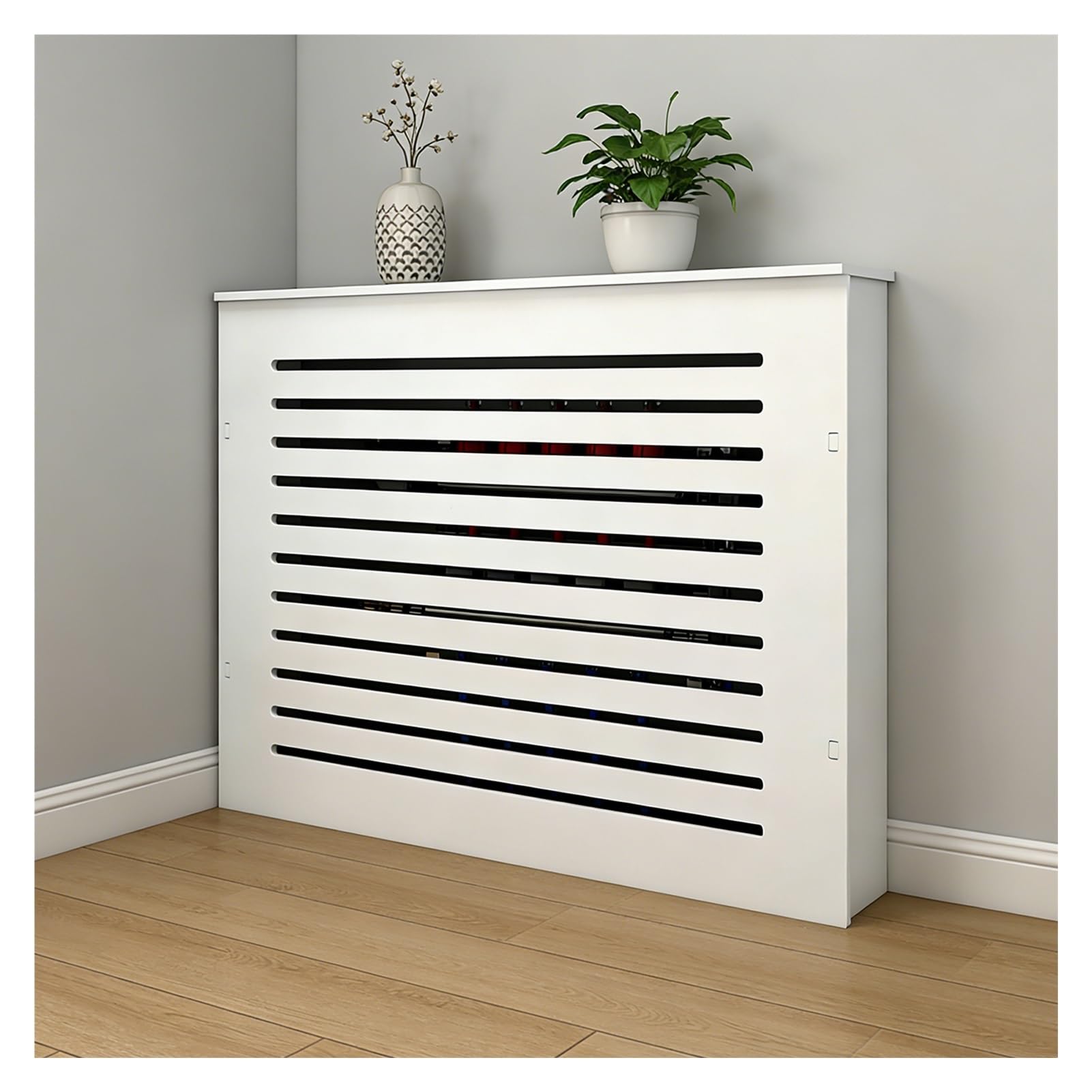 Cubierta ventilada para calentador de baño de alta calidad, elegante radiador de vapor y corrector de tuberías de suelo, diseño de gabinete seguro con listones horizontales (35 x 39 x 6 pulgadas