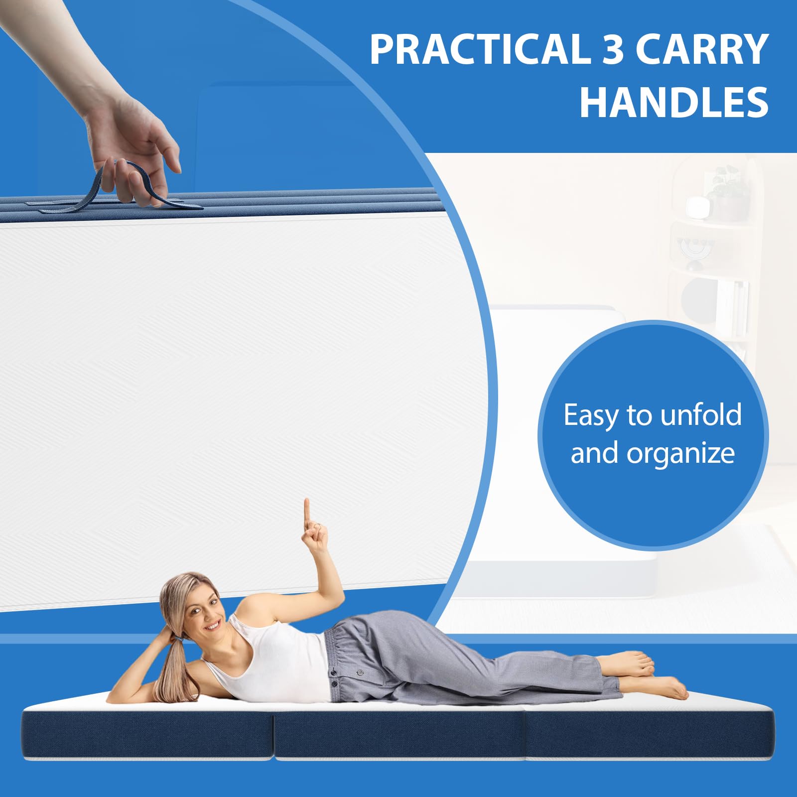 DEWINNER Colchón Plegable Triple 75x195x15cm, Colchón Versátil para Huéspedes, Espuma 15cm, Funda Lavable a Máquina, Colchón Plegable, Colchón de Viaje con Asa de Transporte