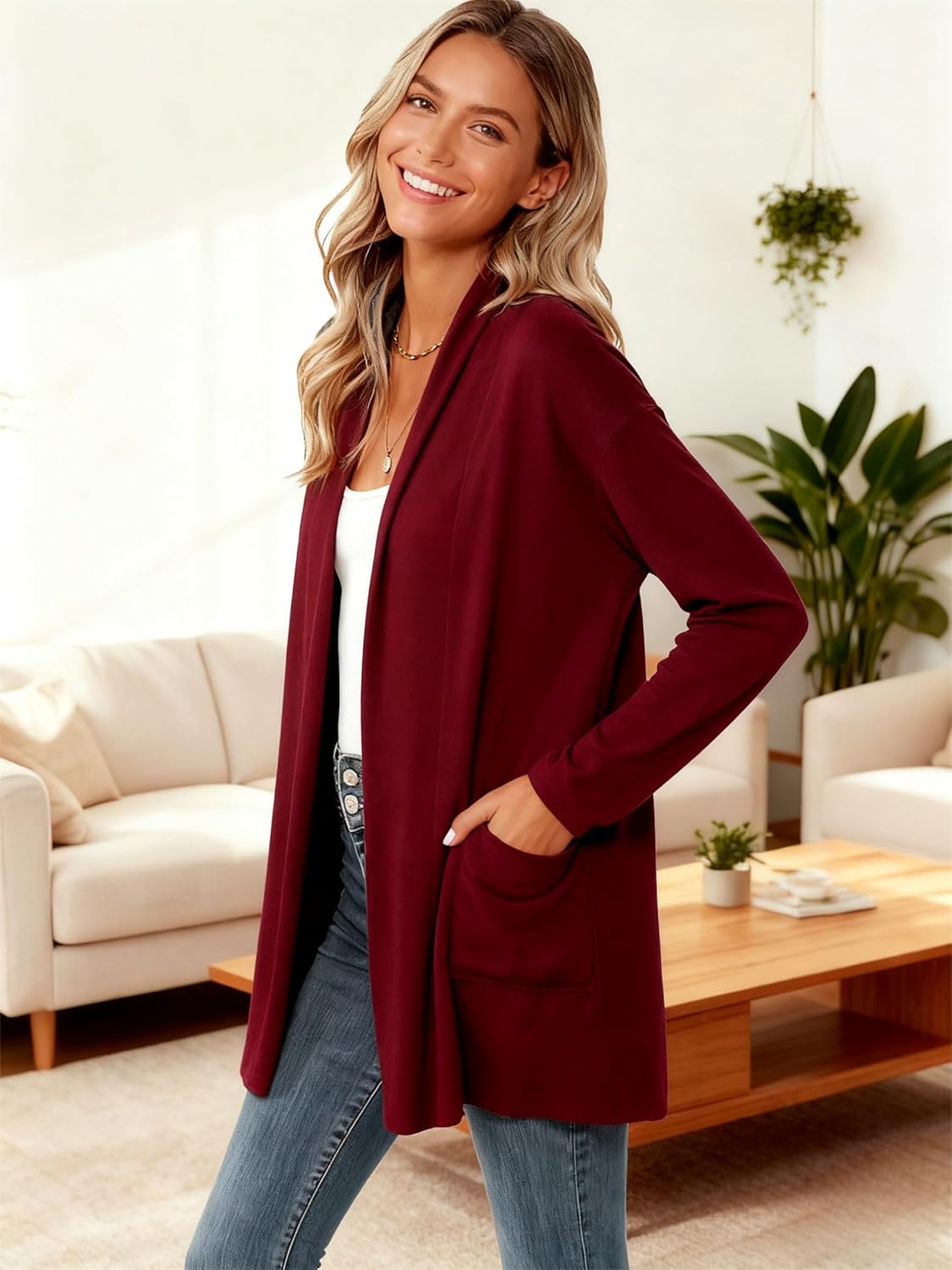 Women's Long Sleeve Lightweight Cardigan Sweaters with Pockets Casual Loose Fit Open Front Jacket Coat - Image 2