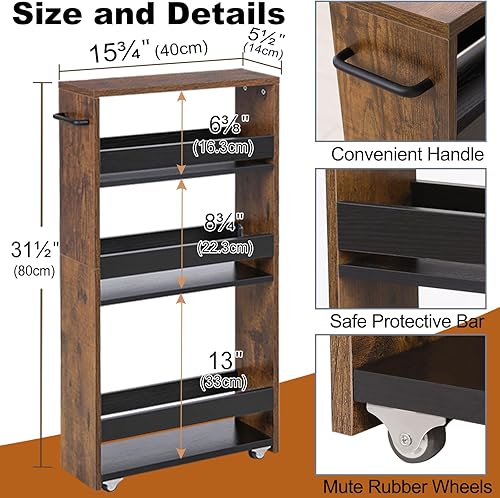 Miniatura 6 de MARTY Carrito utilitario delgado de 4 niveles con mango de ruedas, carrito de almacenamiento de cocina, organizador de estantería móvil deslizante