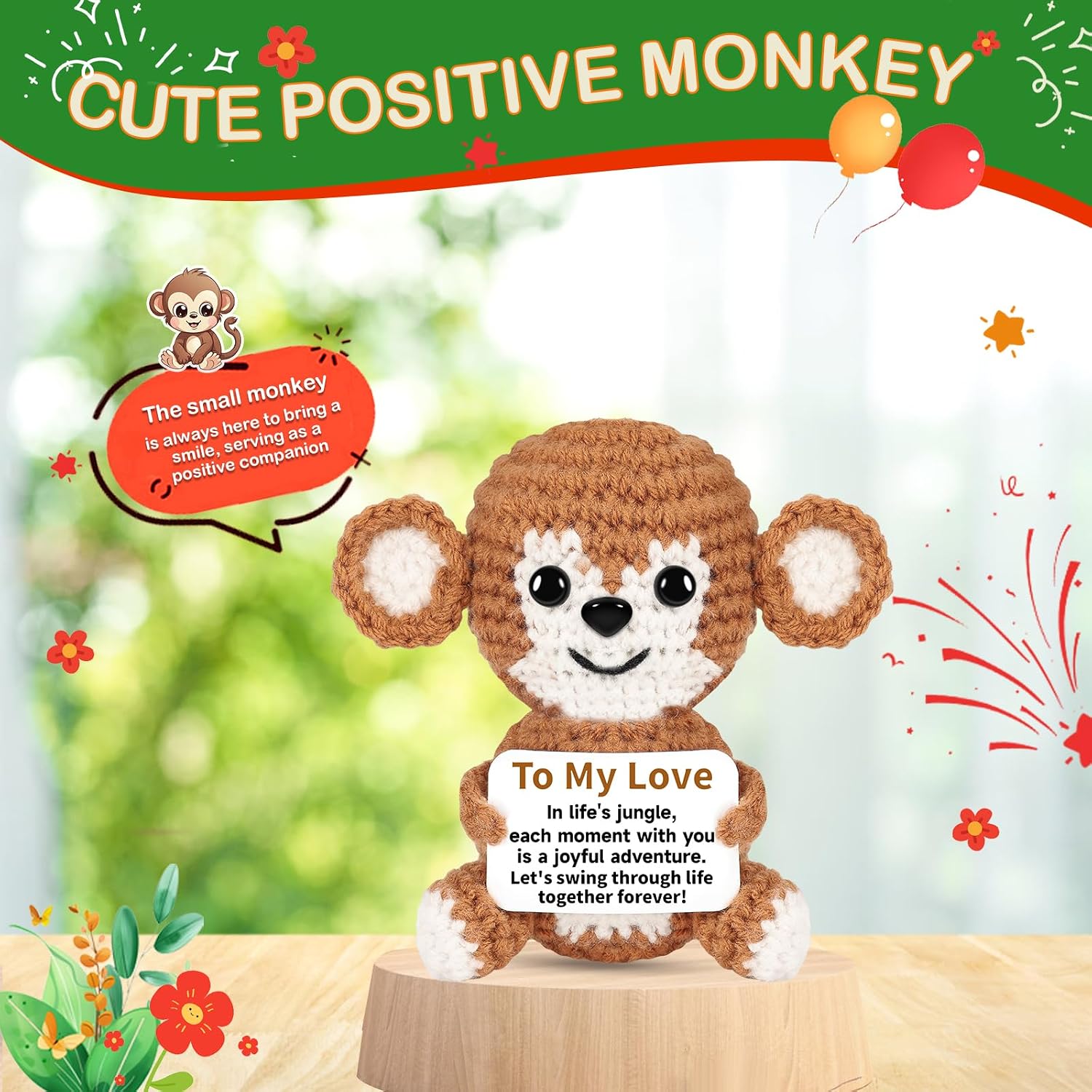 PinCute Postive Stuffed Monkey Crochet Animals Gifts for Women and Men - Emotional Birthday Anniversary Easter Father Mother’s Day Thank You Unique Present Funny Gift for Him/Her/Boyfriend/Girlfriend