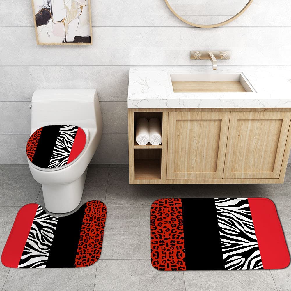 Set di 4 tende da doccia con stampa leopardata con tappeto antiscivolo, copertura del coperchio del WC e tappetino da bagno, tenda da doccia con 12 ganci, tenda da doccia resistente