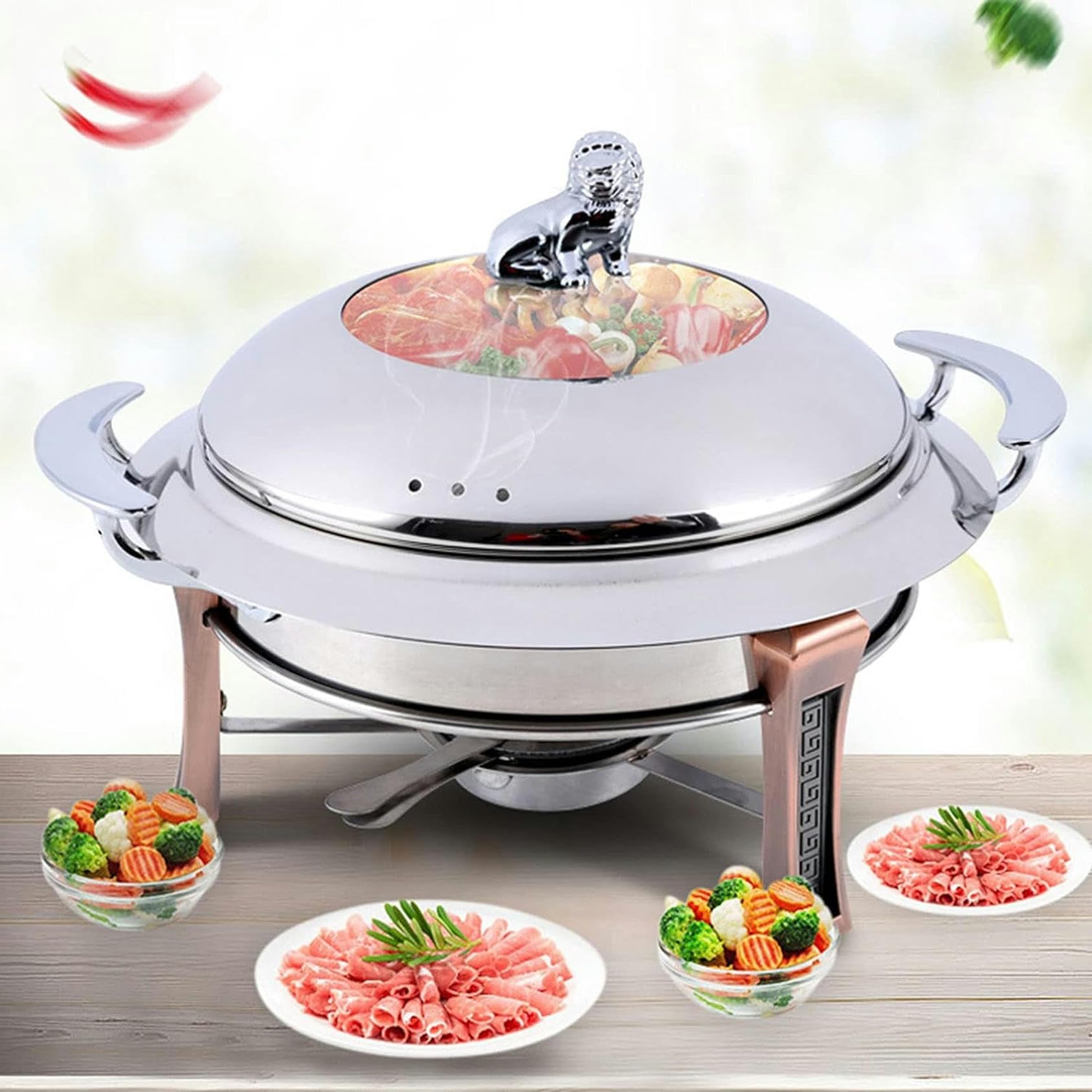 Chafing Dish rotondo di dimensioni standard, set di contenitori riscaldanti per buffet in acciaio inossidabile, con teglia per alimenti, coperchio e contenitore per combustibile, per catering, feste e