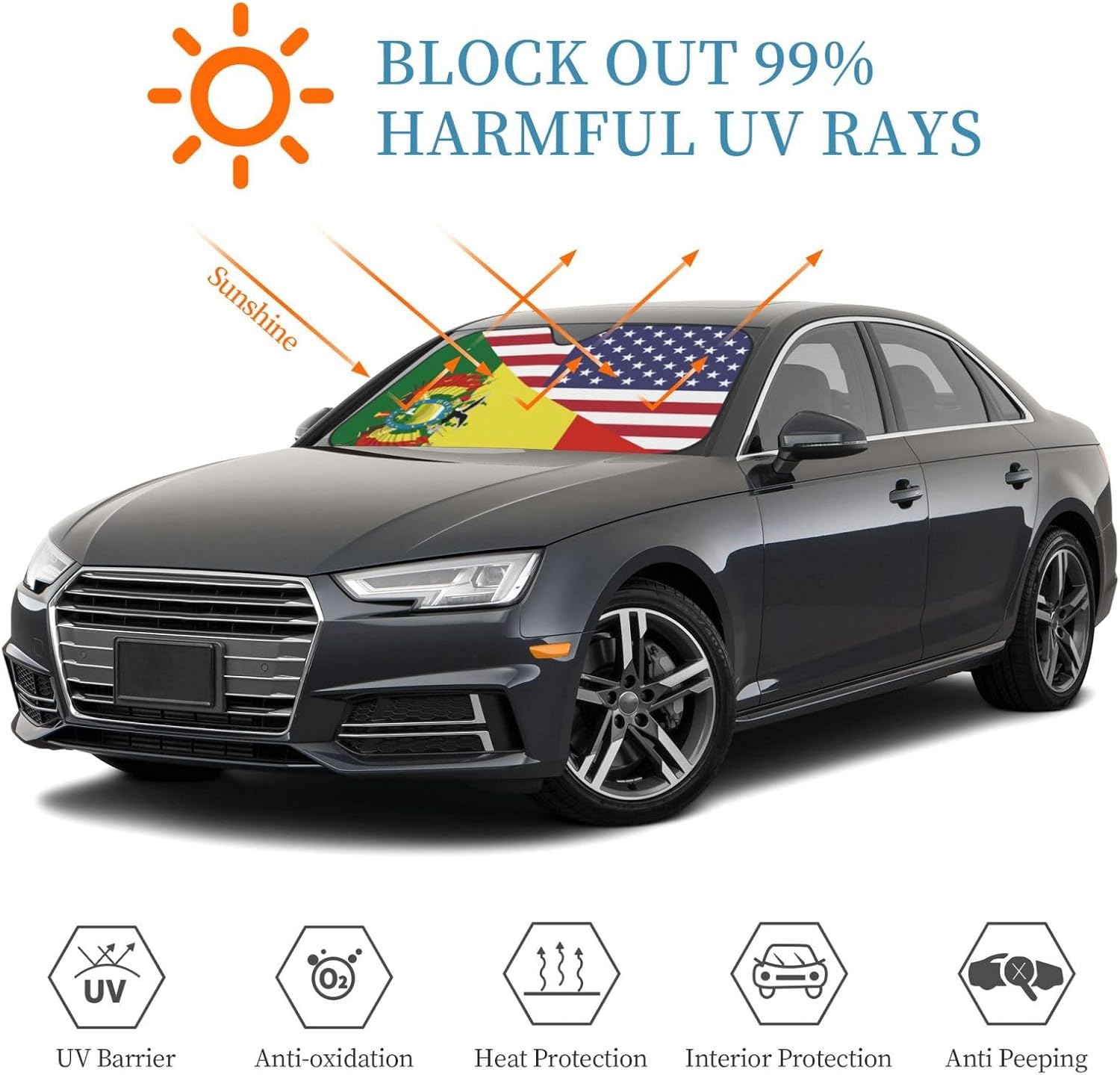 America Bolivia Friendship Flag Foldable Car Windshield Sunshade Blocks Heat and Sun Glare Uv Rays