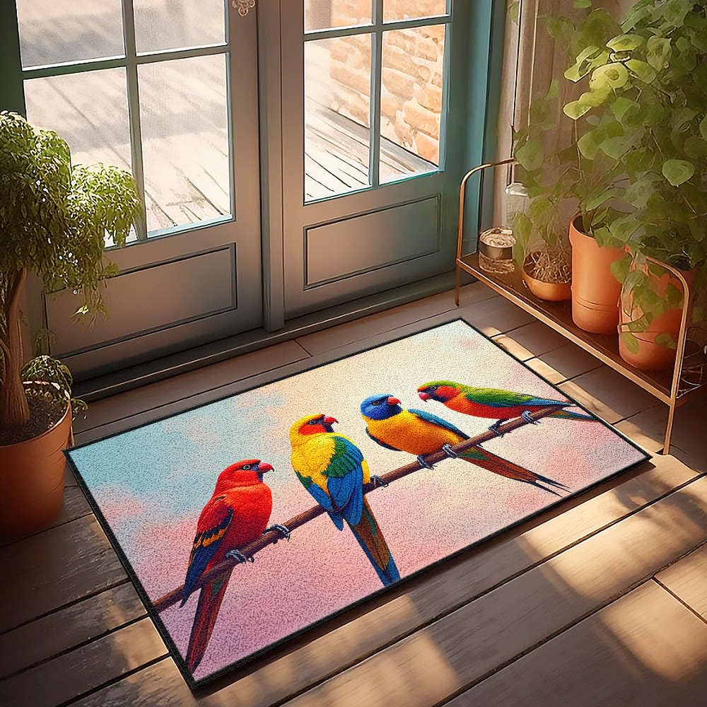 Paillasson quatre perroquets colorés sur branche pour une entrée de maison joyeuse et propre