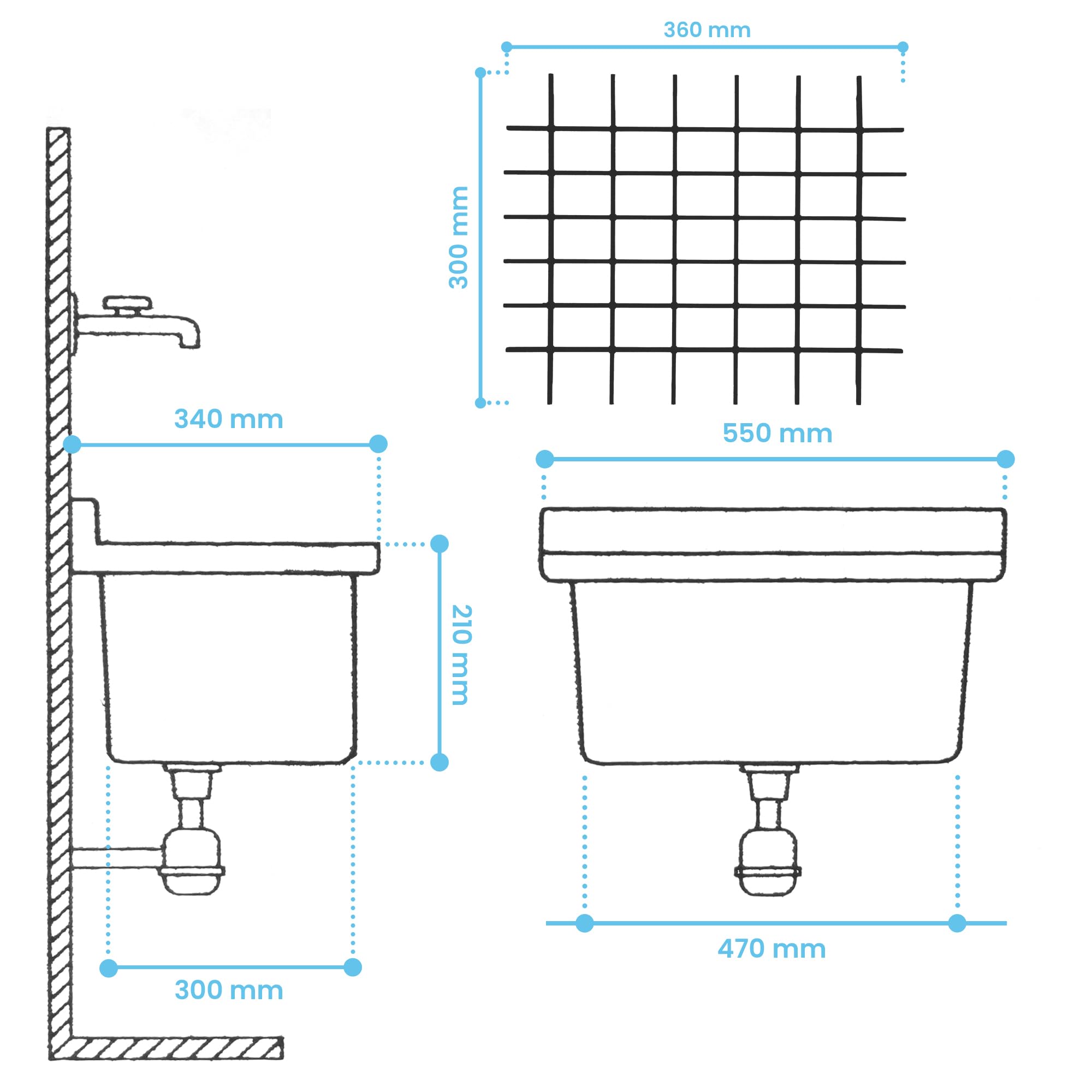 Évier Commercial a Chambre Industriel 55 x 34 x 21 cm Blanc avec Grille 36 x 30 cm Profond Extérieur Lave-Mains Jardin Garage Buanderie Salle de Bains Usine Monochambre