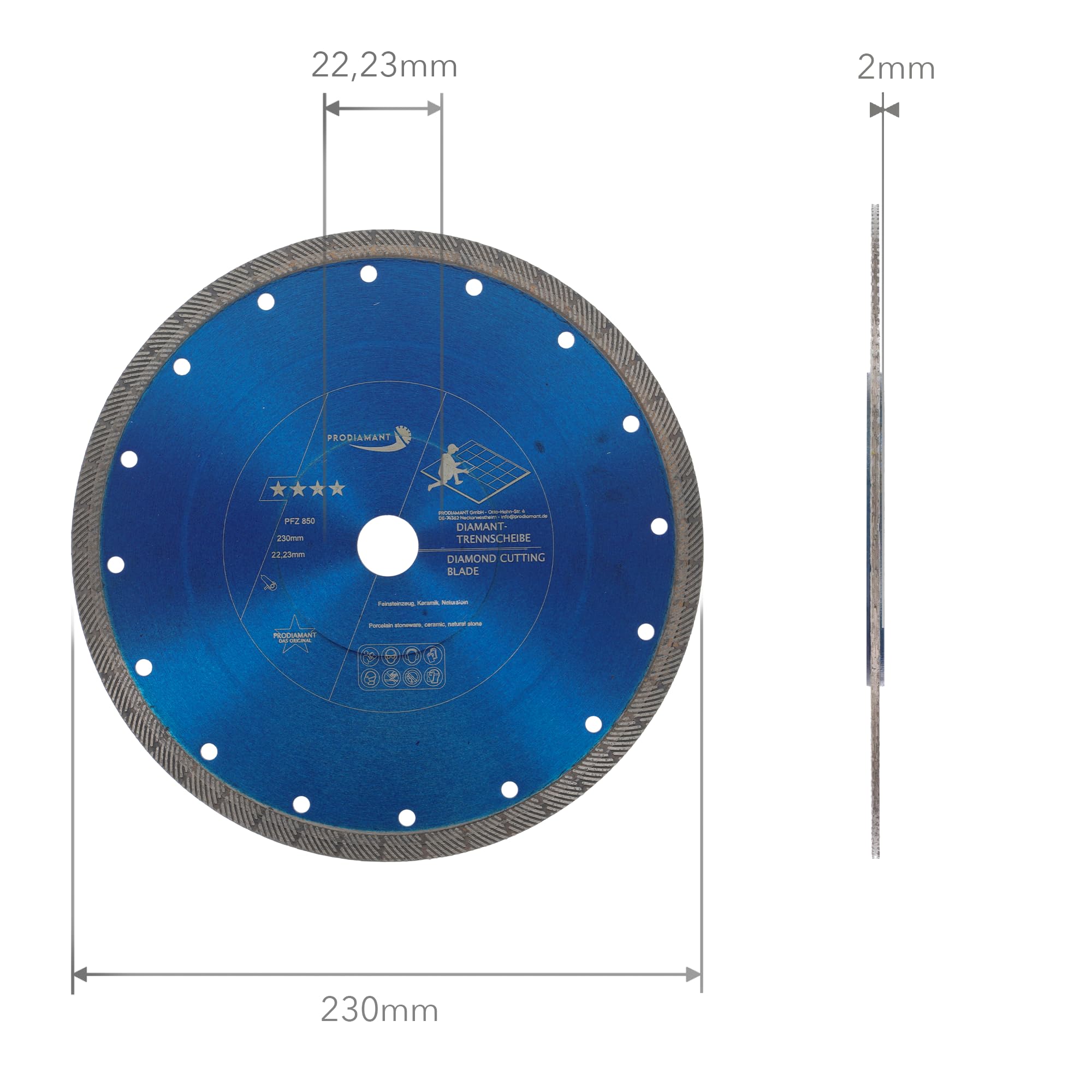 PRODIAMANT FZ850 - Disco de corte de diamante de cerámica para exteriores (230 mm, corte freehand para gres porcelánico de 2 a 3 cm) y cerámica para exteriores