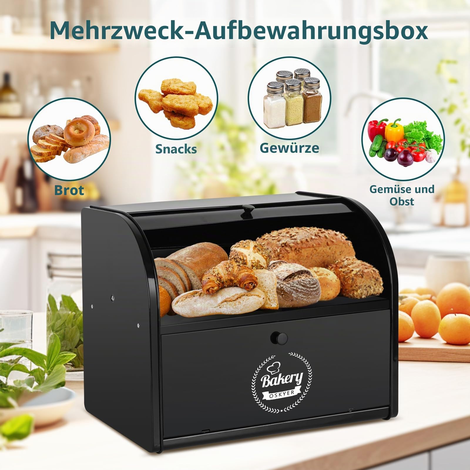 Brotkasten, Brotkasten für Küche, Große Aufbewahrungsbox mit Roll-Top-Deckel, Doppelter Metall-Brotbehälter, Aufbewahrungsbehälter für frische Brote, Kekse, Gebäck 40 x 32 x 24 cm (Schwarz)