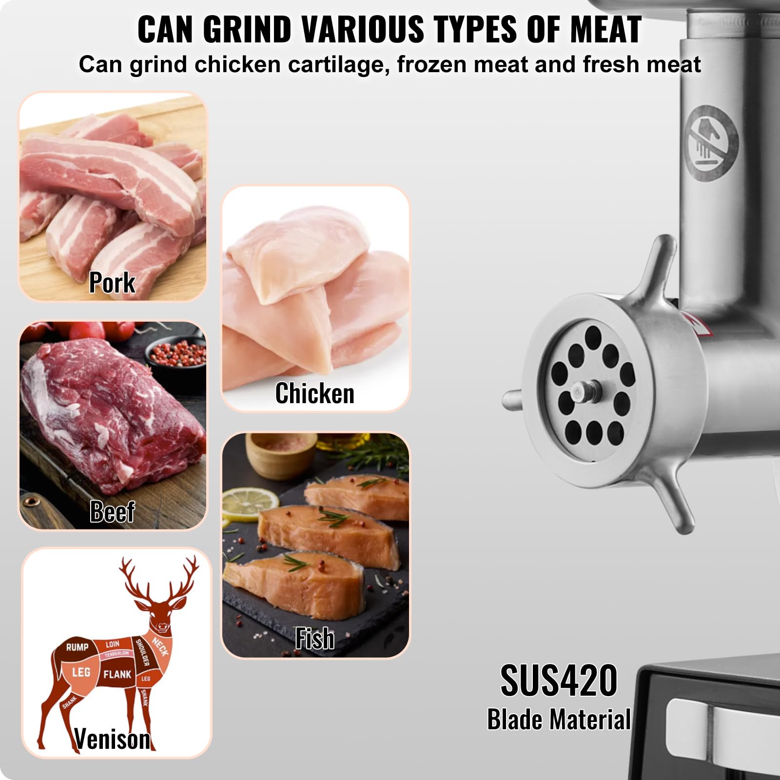 VEVOR Tritacarne Elettrico, Capacità 2,72 kg/min Tritacarne Industriale da Banco con Lama, Piastra di Macinazione, Macchina per Salsicce, Tritacarne Commerciale in Acciaio Inossidabile per Cucina