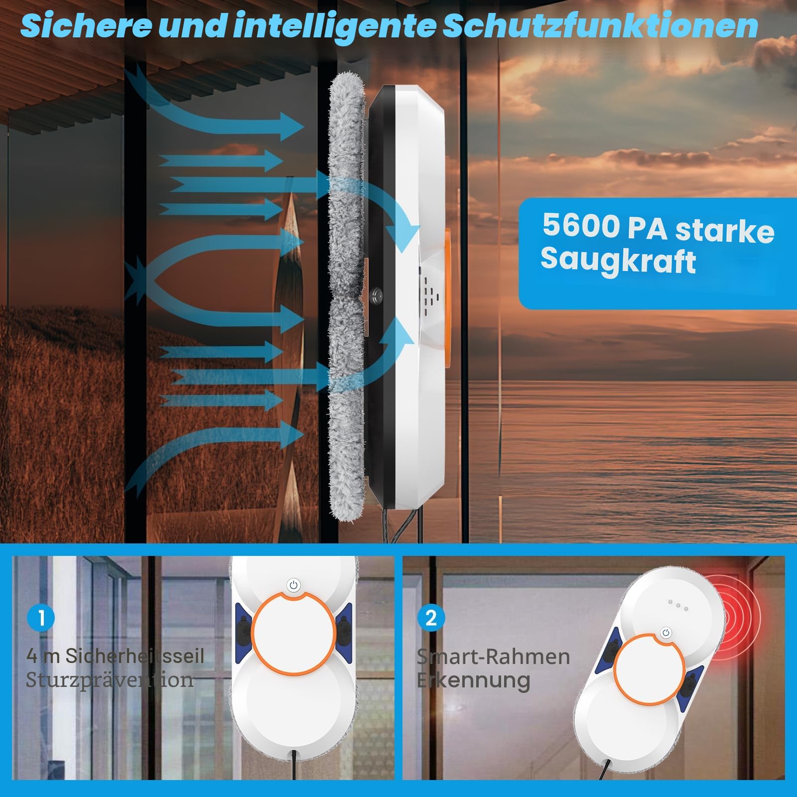 Fensterputzroboter, 5600 Pa Automatischer Fensterreinigungsroboter mit Doppelwasserstrahl, Intelligente Navigation, Kantenerkennung, 3 Reinigungsmodi, Fernbedienung und 8 Tüchern