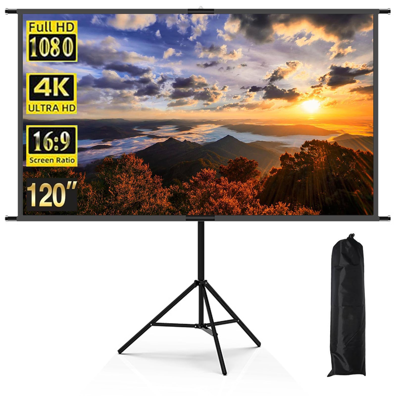 Schermo Proiettore 120 Pollici 4K, Telo Proiettore in Seta Latte Antirughe 16:9, Supporto a Parete e Treppiede, per Cinema Domestico Interno/Esterno