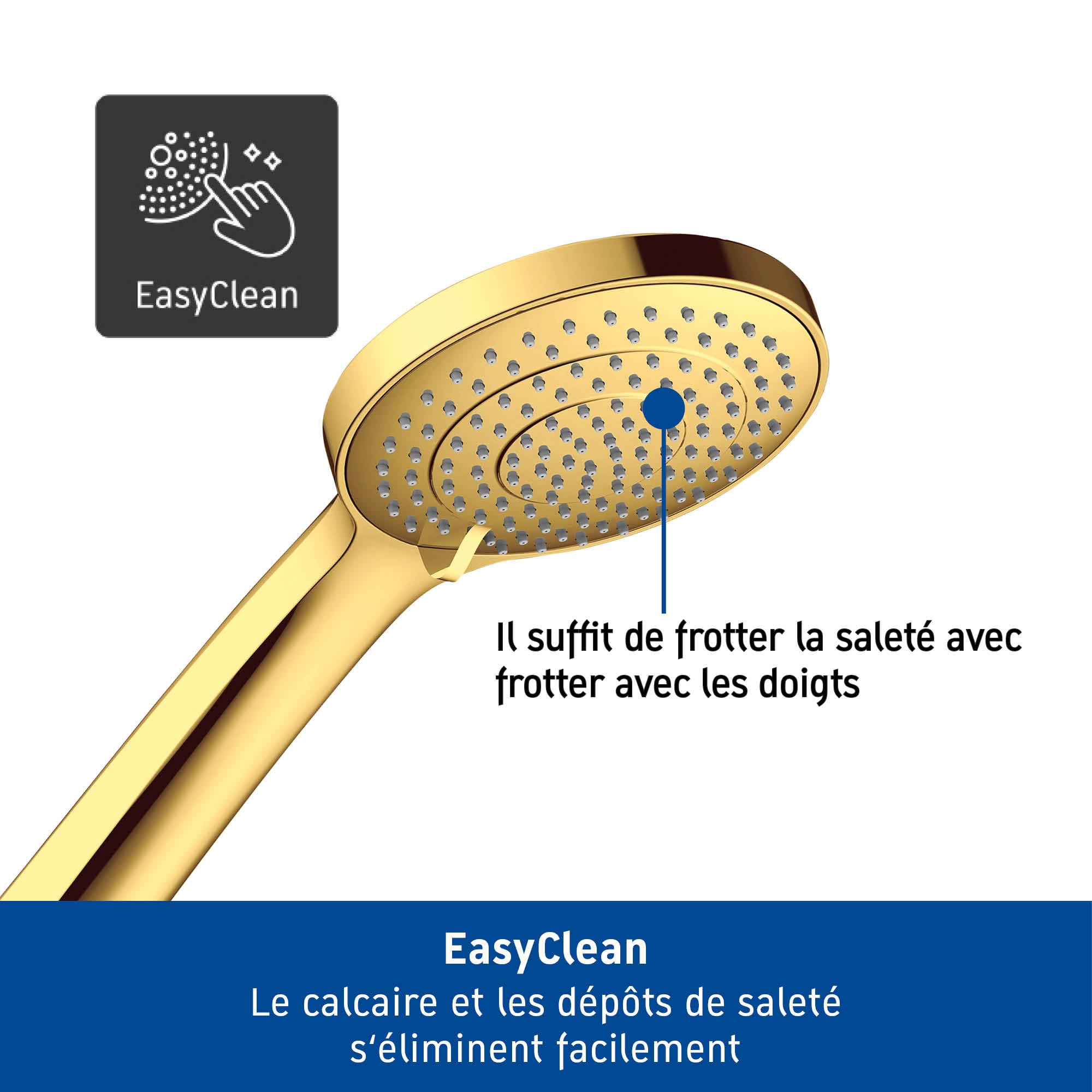 Système de douche Duravit, système de douche à économie d'eau, douche de tête avec 3 types de jets (Rain, Intense Rain, Soft Rain), réglable en angle, kit de douche facile à nettoyer, doré poli