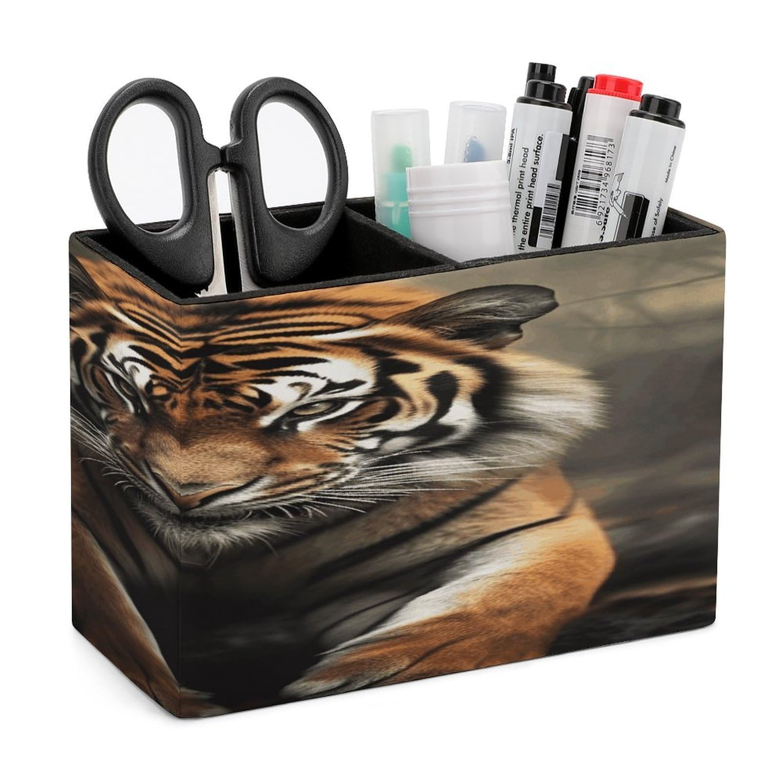 VstaDank Wild Animals Tiger Pen Holder Double Compartments Pen Cup Fashion Makeup Brush Holders Leather Pencil Holder for Work Locker Accessories Modern Pencil Cup for Desk Organizer