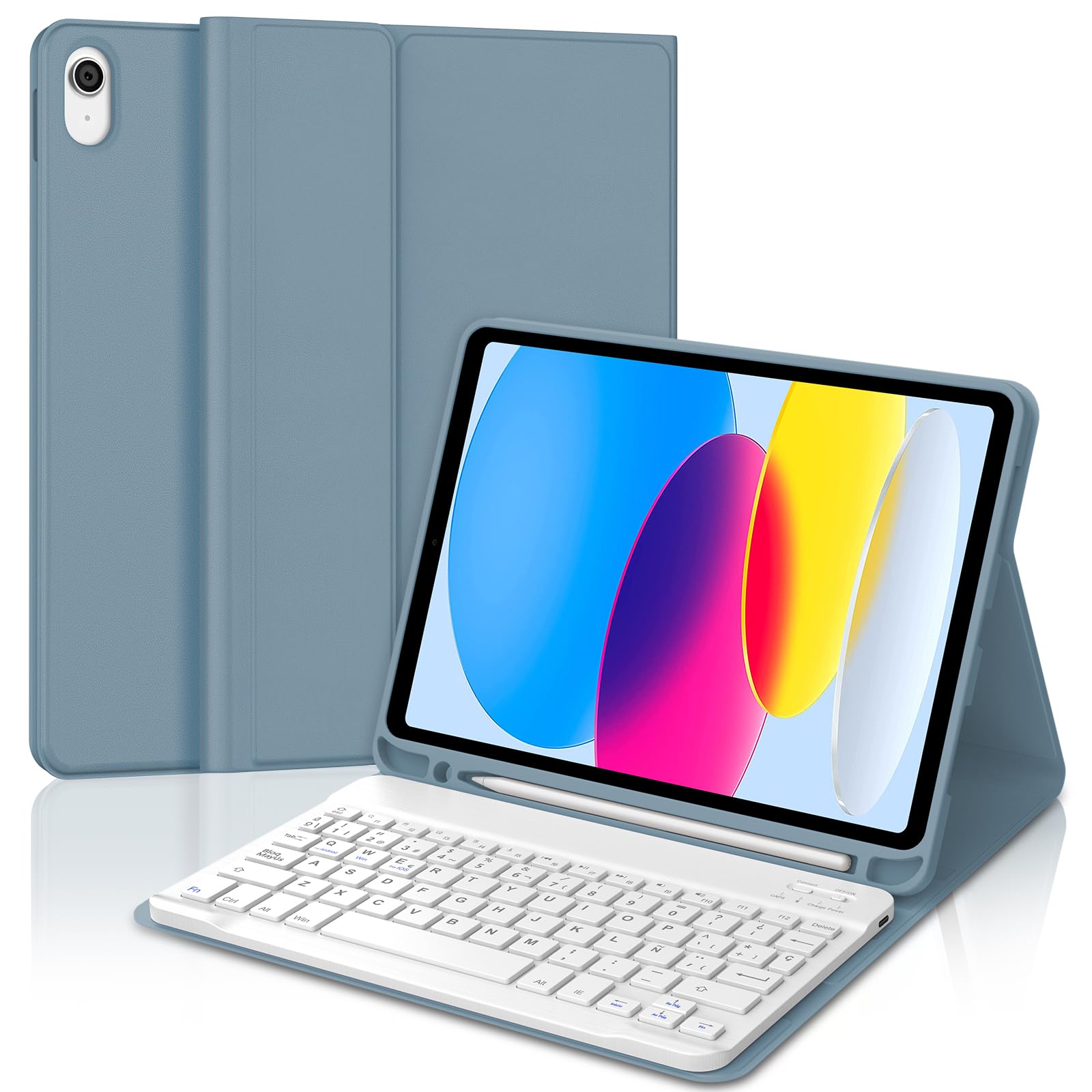 IVEOPPE Teclado para iPad 11 Generación A16 2025/10 Generación 2022 (11/10.9 Pulgada), QWERTY Español Ñ, Keyboard Recargable Magnético Desmontable Bluetooth, Soporte para Lápiz, Gris Azul