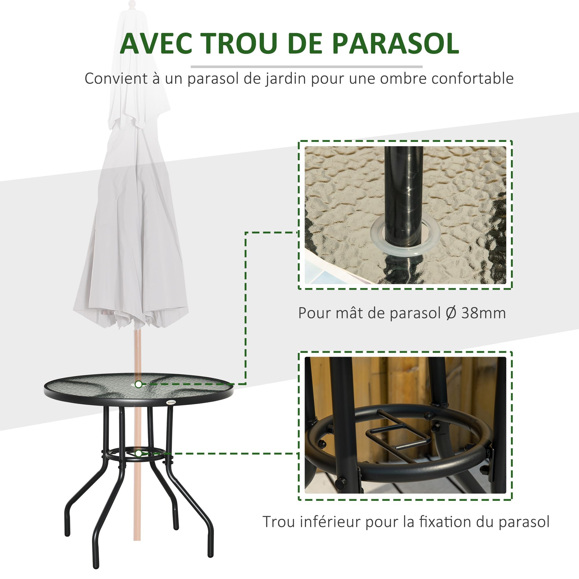 Outsunny Table à Manger de Jardin, avec Trou de Parasol, Table extérieure Ronde avec Plateau en Verre trempé, pour Jardin, Patio, terrasse, Ø 80 x 72 cm, Noir
