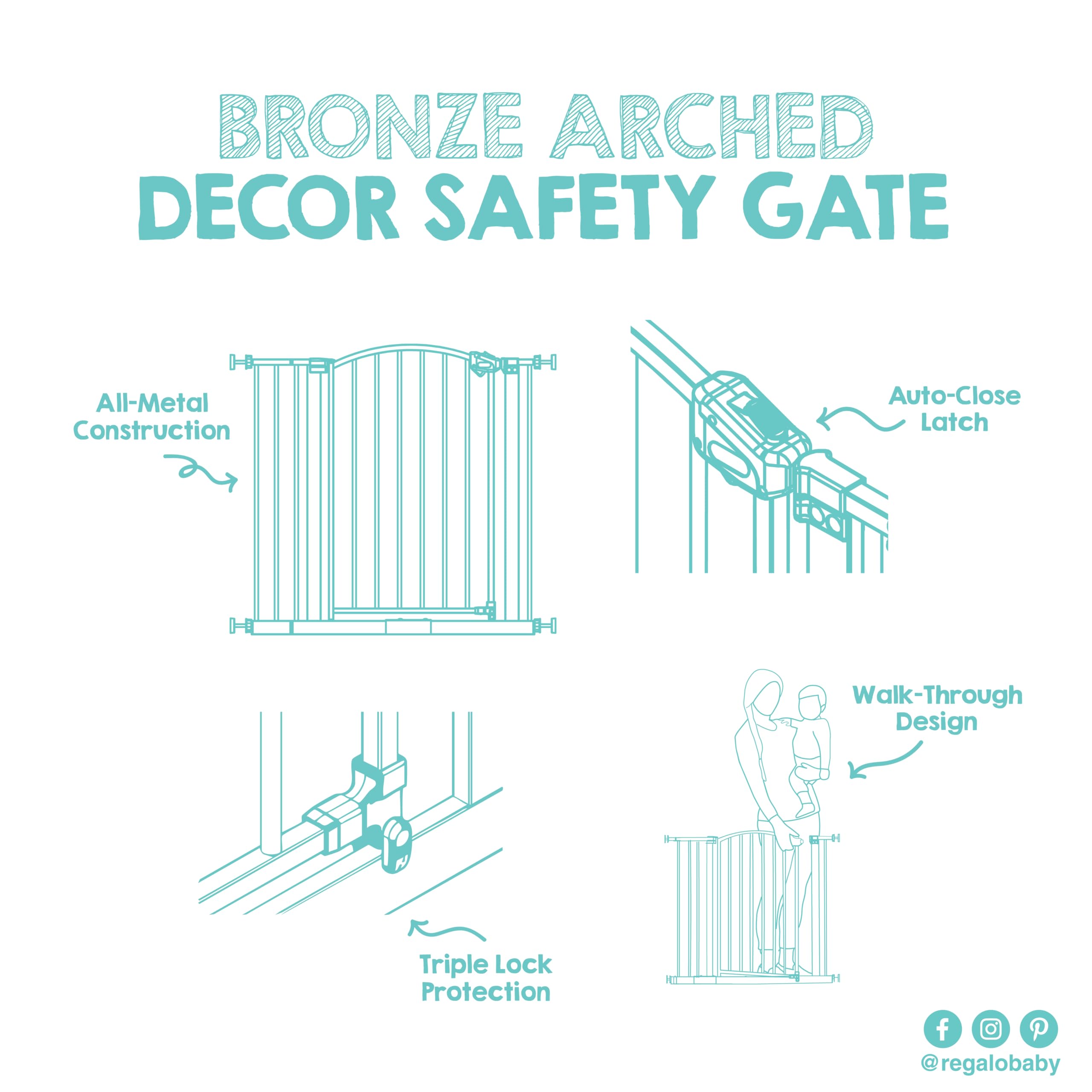 Regalo Safety Arched Baby Gate for Doorways & Bottom of Stairs, Fits Openings 75-87cm (Extension Included), Pressure Mounted for Babies, Toddlers & Pets, Bronze