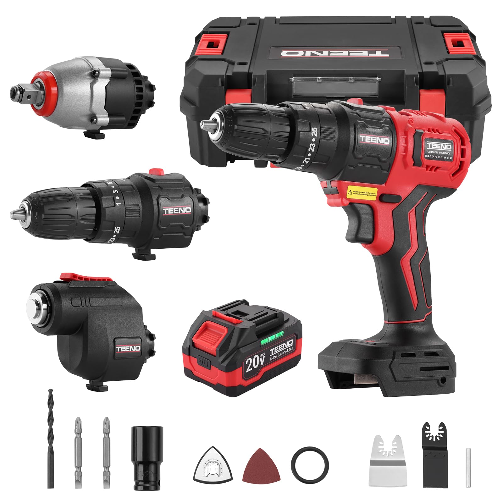 Kit Combinato Wireless 20V TEENO, Strumento Multifunzionale Wireless 3 in 1 Con Cassetta Degli Attrezzi,Trapano,Chiave a Impulsi,Utensile Oscillante,1 Batteria 3,0 Ah, Con Accessori (3 IN 1)