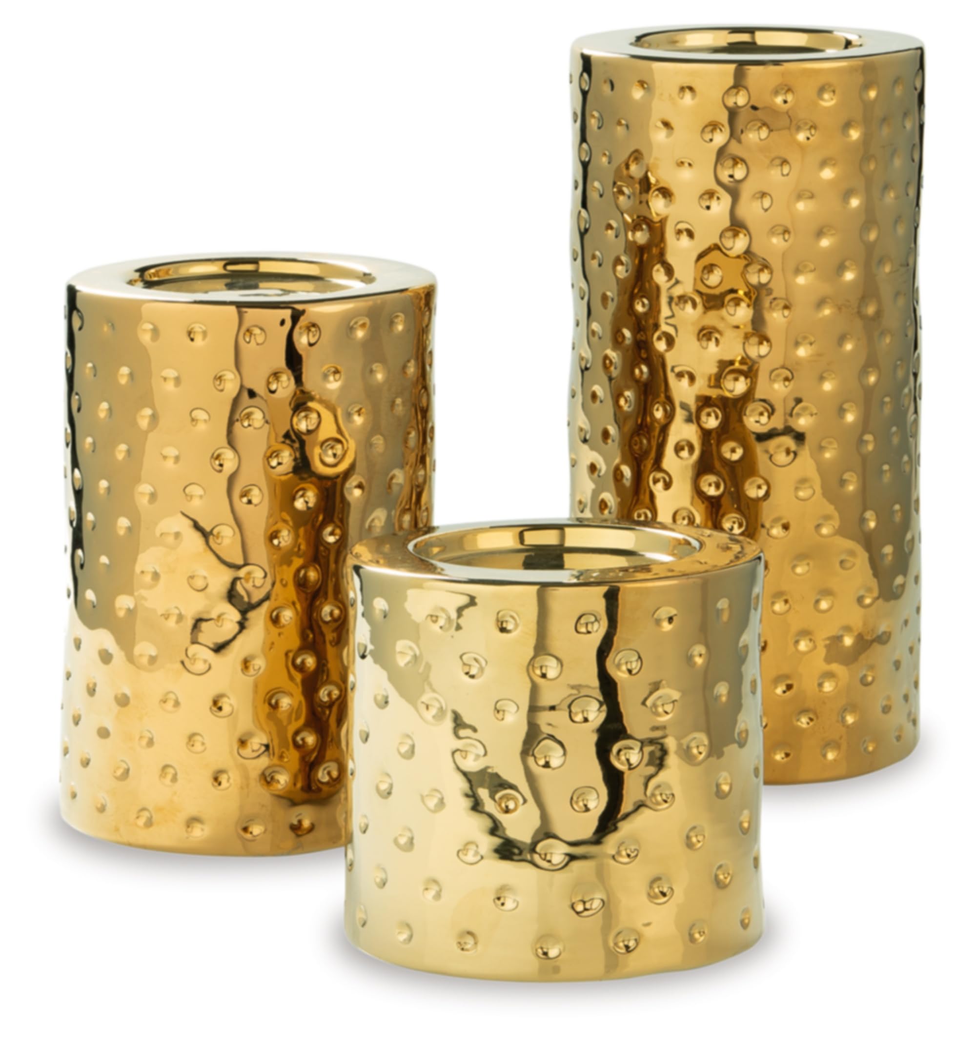 Signature Design by Ashley Marisa 3 Piece Glazed Ceramic Candle Holder Set, Gold