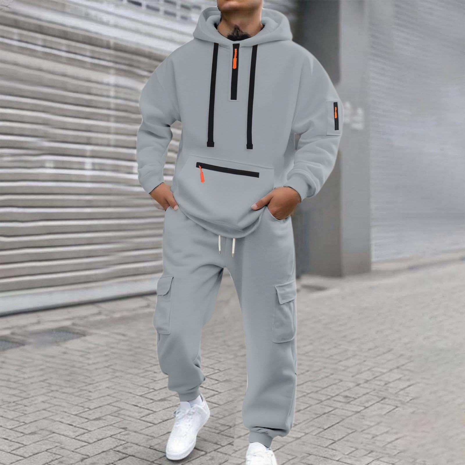Set da jogging da uomo, 2 pezzi, felpa da jogging in maglia autunnale, morbida, sportiva, con scollo rotondo, tasche, calda, traspirante, confortevole, leggero, allenamento A110