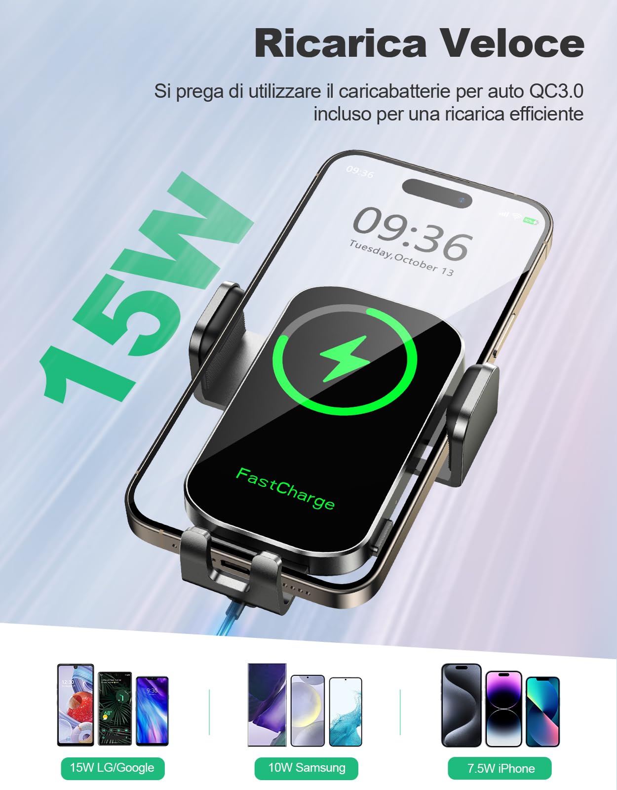 Glangeh 15W Caricatore Wireless Auto, [Ventosa+Clip+QC3.0] Auto-Bloccaggio Ricarica Wireless Auto, Porta Cellulare Auto Ricarica Wireless Compatibile con iPhone 16 15 Galaxy S24