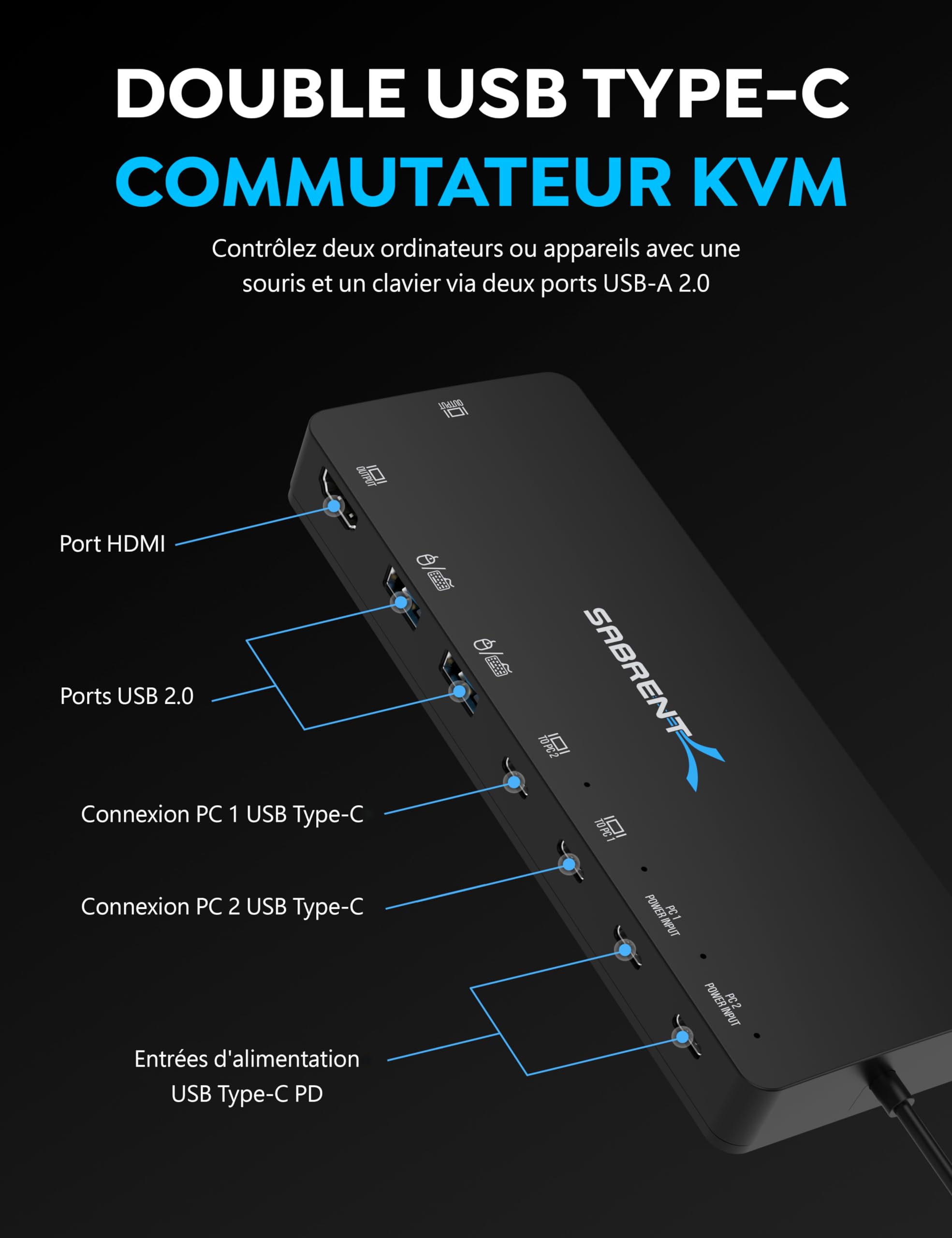 SABRENT KVM Switch, 2 port USB C Inputs, 2 outputs avec 60W PD, 2 USB, 2 port HDMI 4K@60Hz pour moniteur, ordinateur portable, PC, imprimante, scanner, souris, clavier Indicateurs de périphériques LED