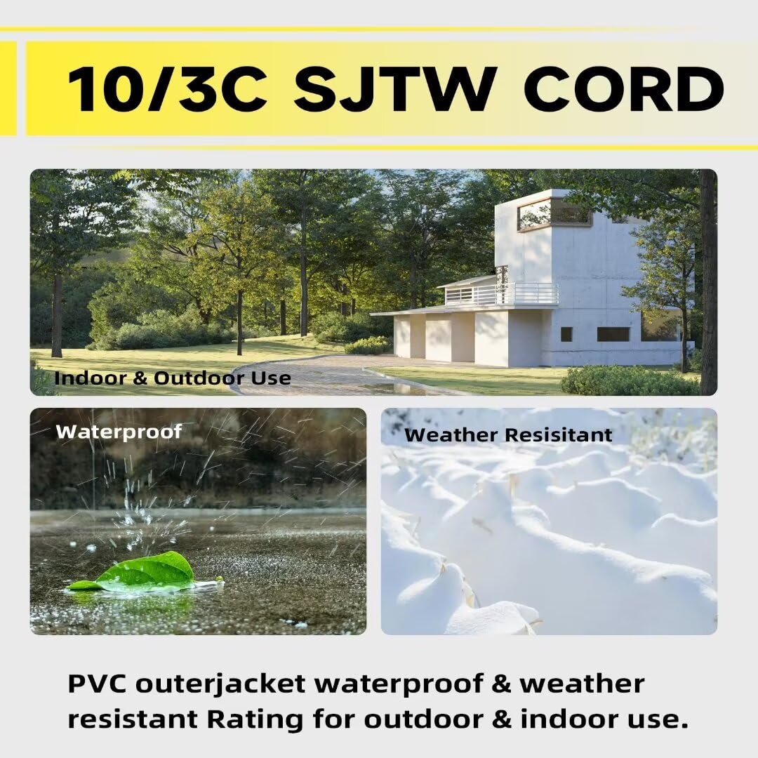 Cable de extensión iluminado para exteriores de 10 pies – 10/3 SJTW cable de extensión amarillo resistente con enchufe de tierra de 3 puntas para mayor seguridad, listado UL