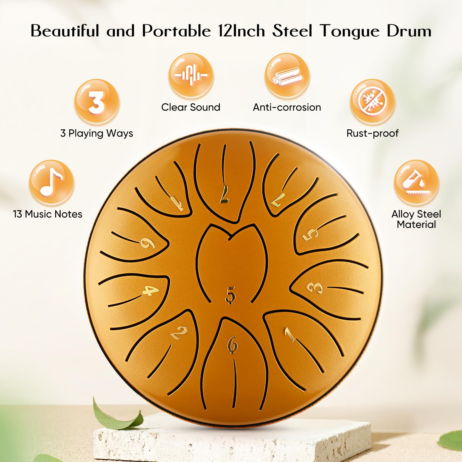 Steel Tongue Drum, 6 Pollici 11 Note Handpan Strumento Musicale Impostata, Portatile Tamburo del Handpan in Acciaio, Strumento a Percussione per Meditazione, Yoga, Guarigione del Suono, Oro