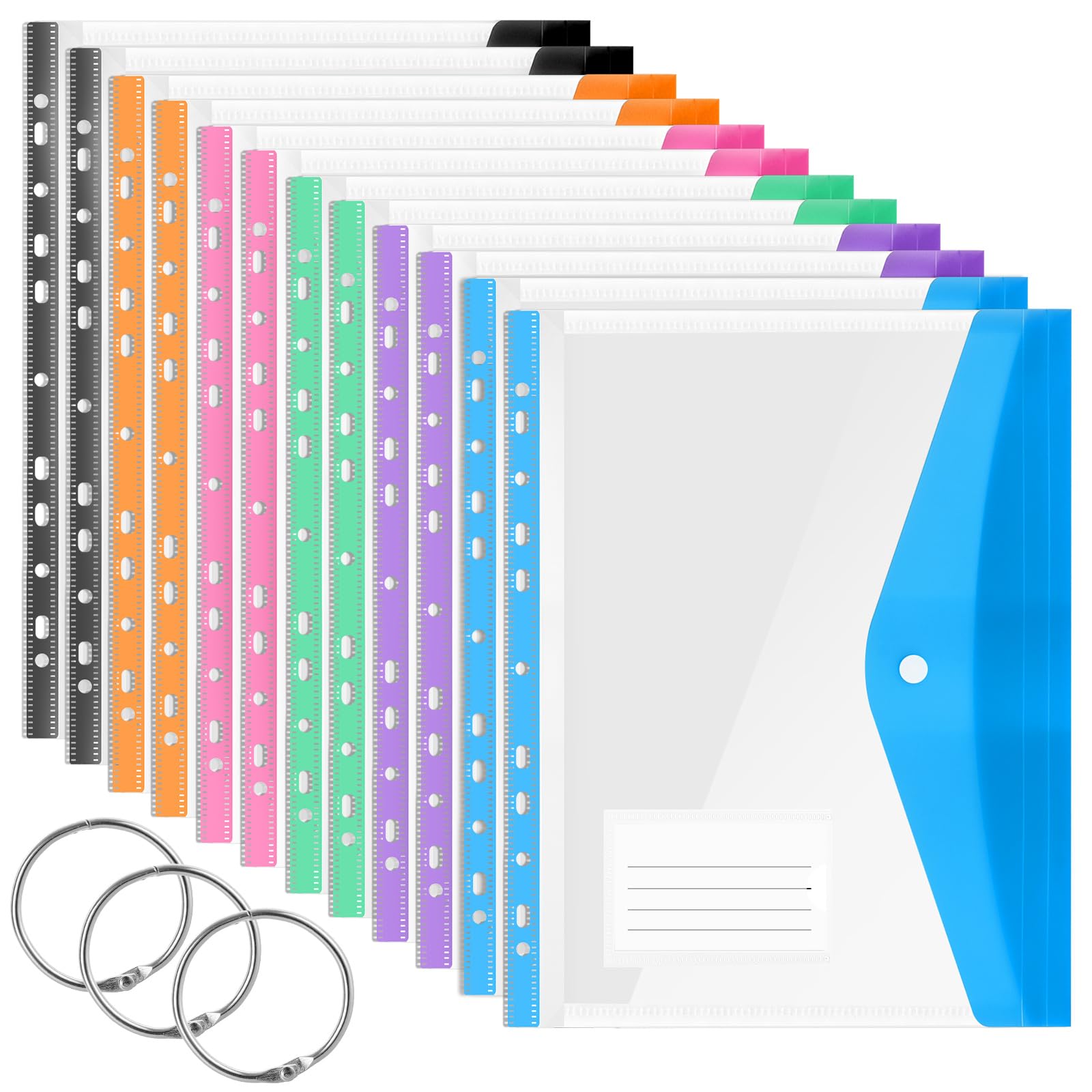 WeeGoo 24 PCS A4 Horizontal Plastic Wallets Punched Pockets, Expandable Punched Pocket Folders Dividers File, 11 Holes Colorful Ring Binders Folders for Office Home Travel (6 Colors)