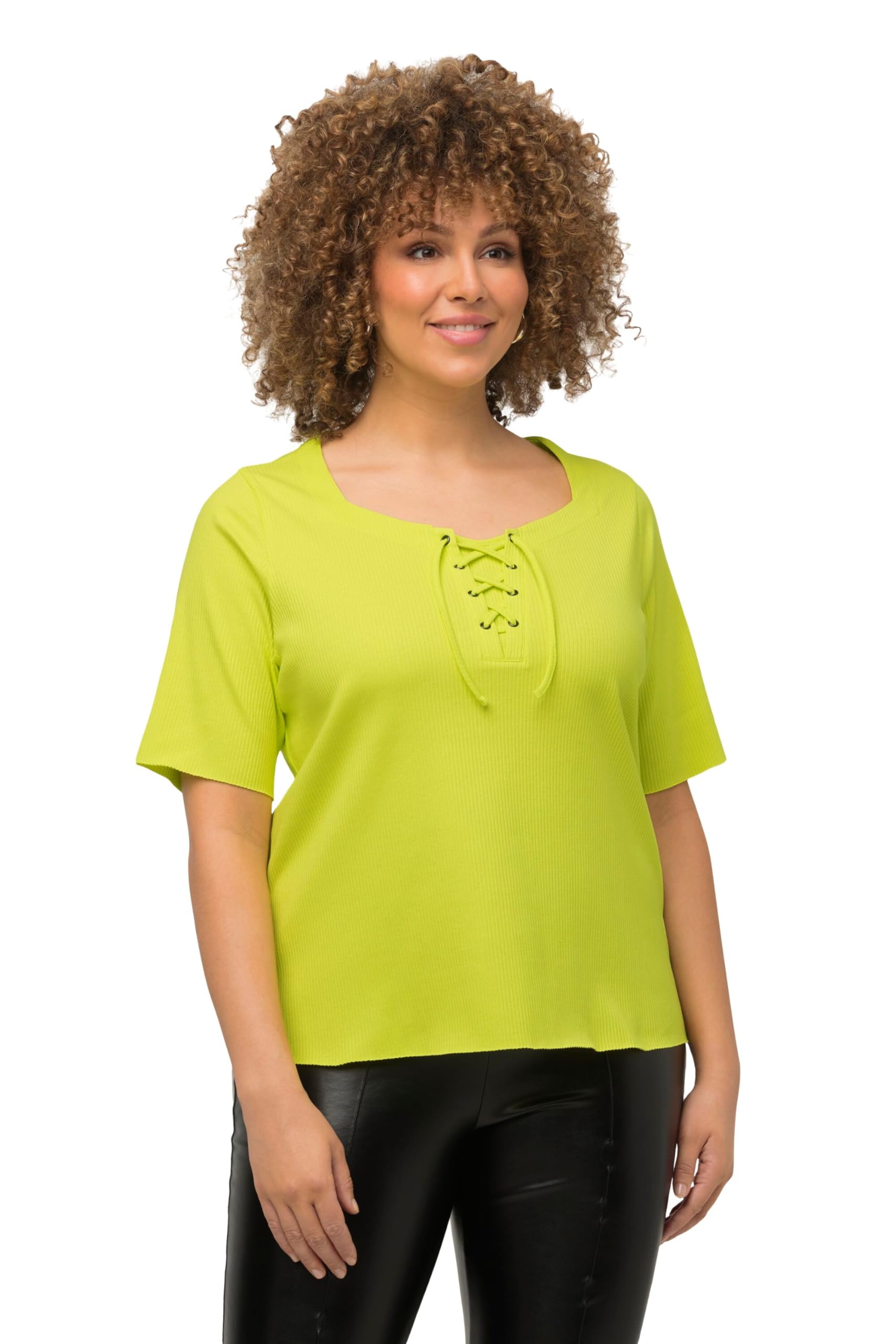 Ulla Popken Damen große Größen Übergrößen Plus Size T-Shirt, Rippjersey, Schnürung, Herzausschnitt, Halbarm 818778