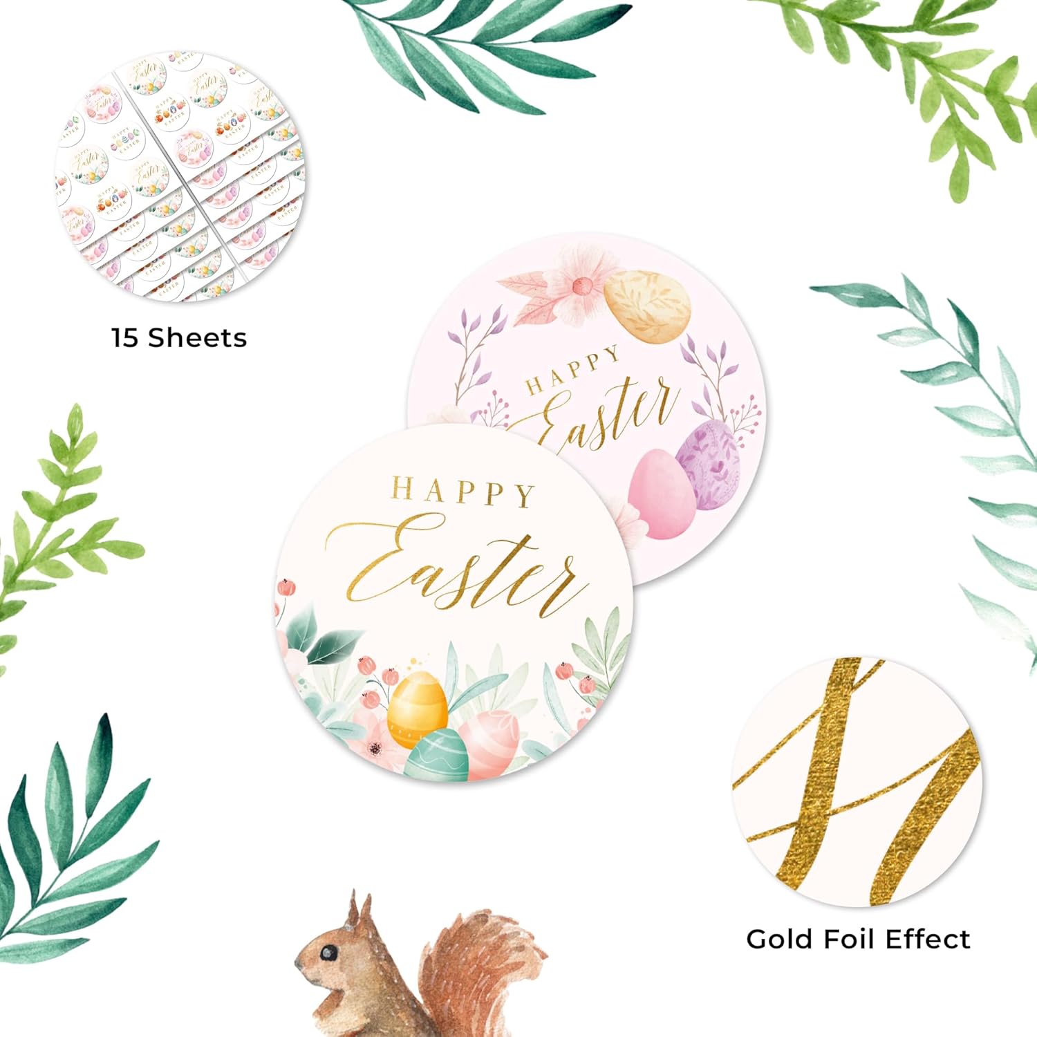 Mobiusea Creation Floral Easter Stickers | 135-Pack | 1.4 inch | Easter Floral Stickers | Watercolor Bunny Flowers Gold Foil Labels