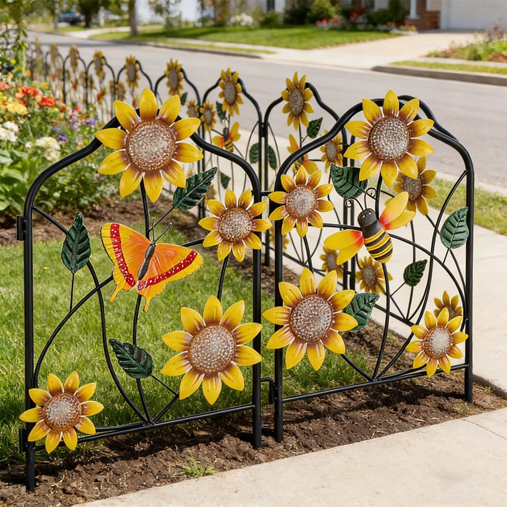 hogardeck Garden Decor for Outside, Set of 2 Metal Fence Decorative Garden Stakes with Flowers for Sunflower Decor, Yard Signs for Outdoor Patio Lawn Backyard Porch
