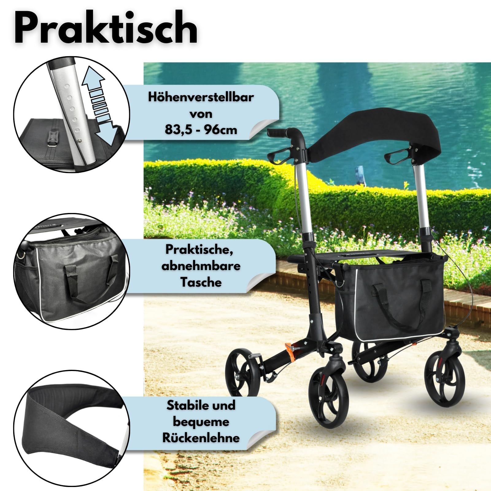 DIVID® Rollator aus Aluminium in 3 Farben 1002 B, Leichtgewicht ideal für Reisen, klappbar, Höhenverstellbar, Gehwagen,Gehhilfe, Praktische Tragetasche, Reflektoren (Schwarz)