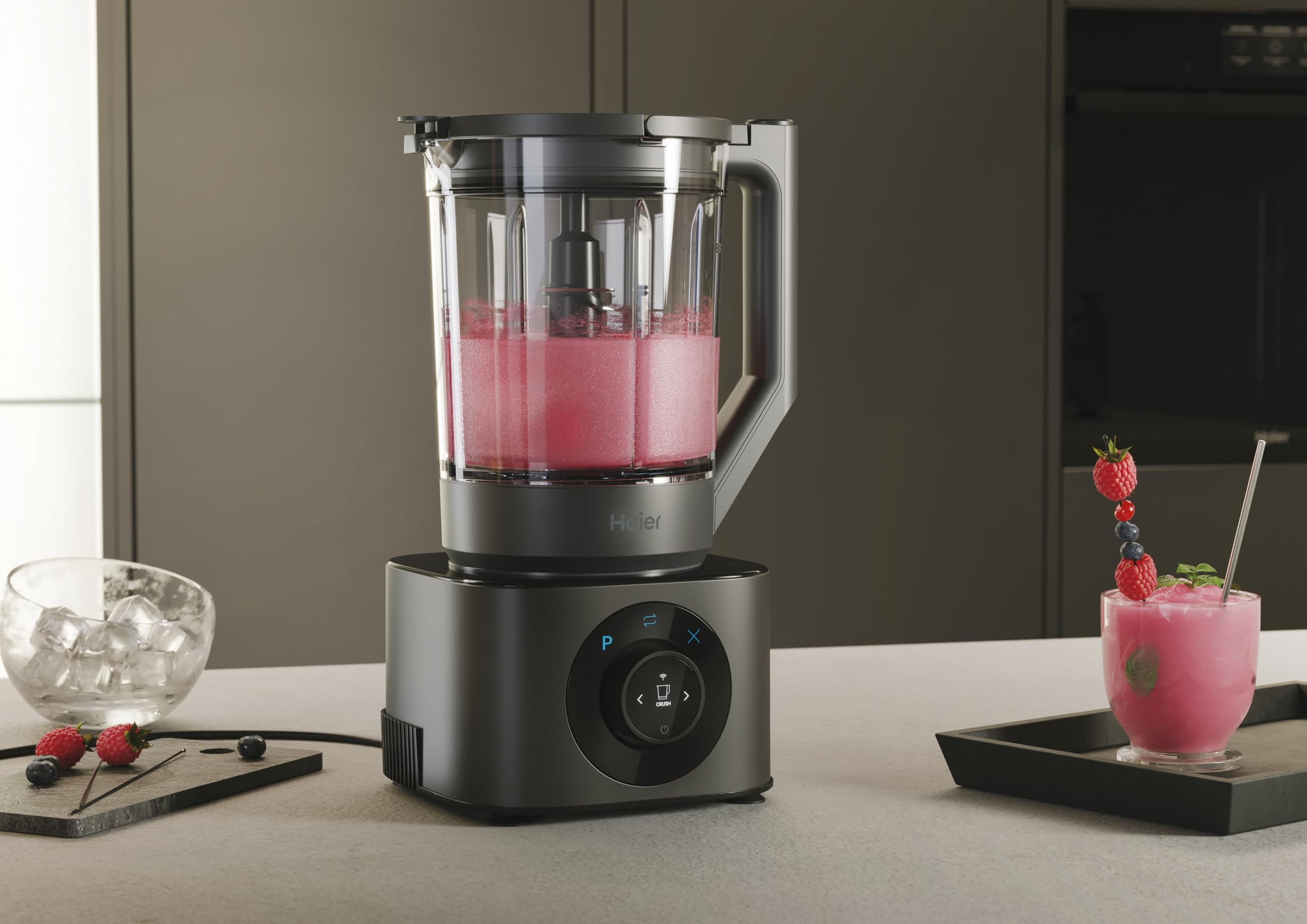 Haier HBL7W5 011 Robot de cocina Series 7, 6 programas: Picar, Licuar, Triturar hielo, Crema, Amasar y Prelavado, 10 velocidades, Incluye Jarra, Bol picador, y Vaso portátil,1200W, Gris
