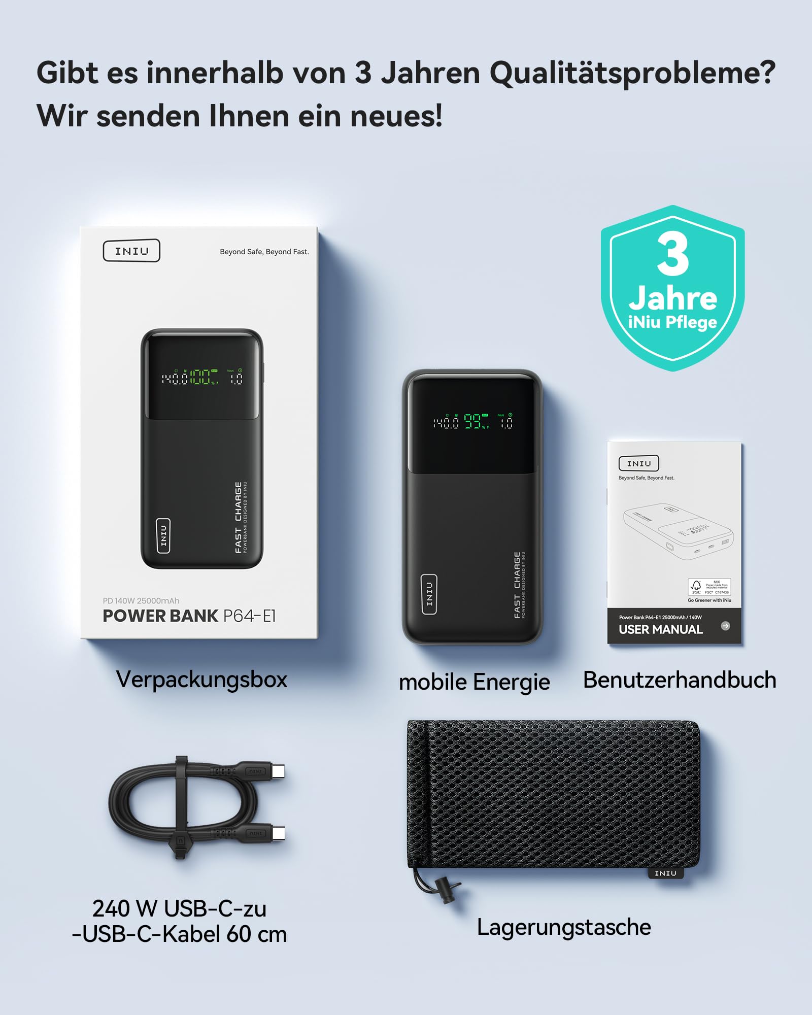 INIU Power Bank, 25000mAh 140W Powerbank leicht und leistungsstark Phone & Laptop, Schnelles Mini Externe Handyakkus, Kompatibel mit MacBook iPad iPhone Samsung Steam Deck Für Damen und Männer, Weiß