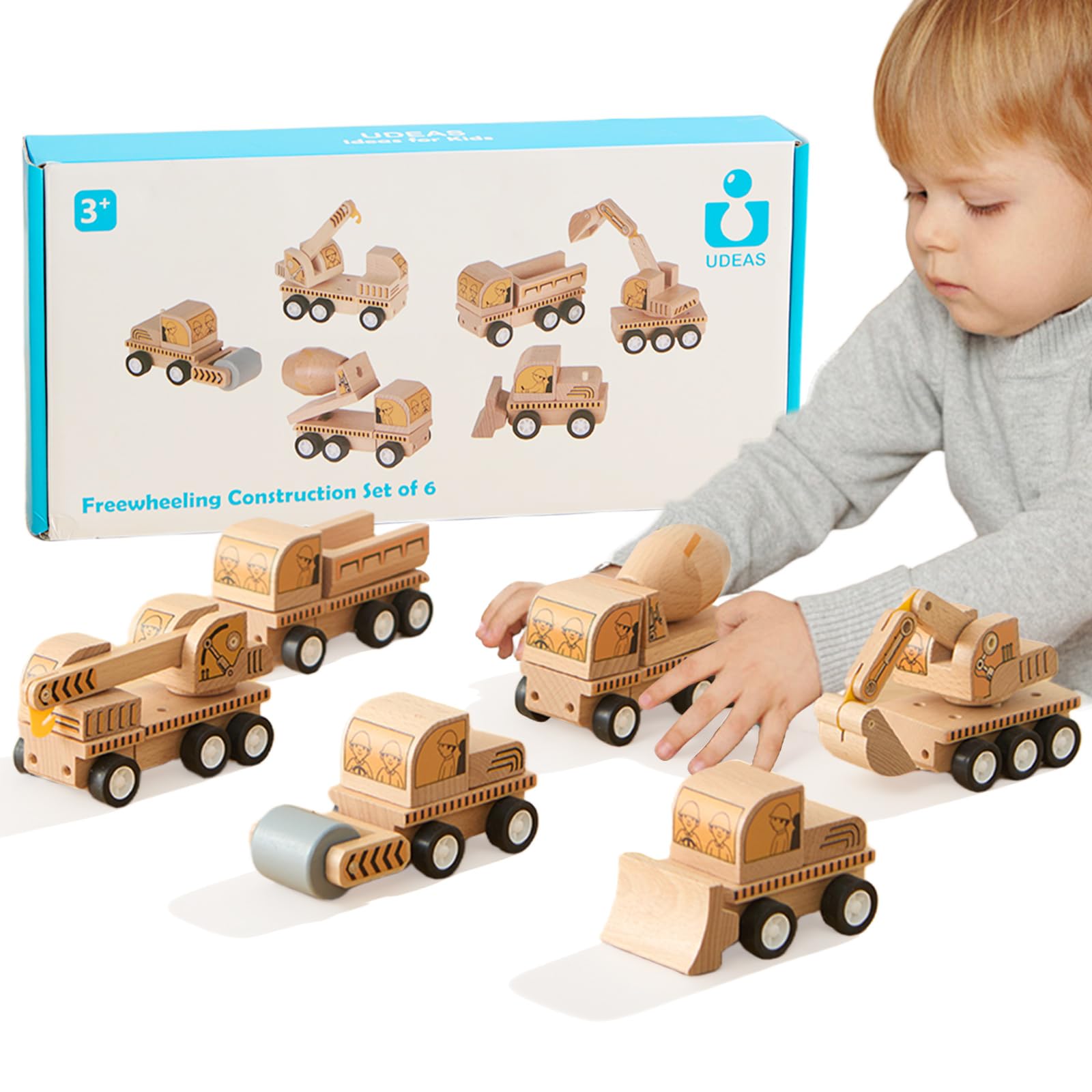 UDEAS 6-Piece Wooden Construction Vehicle Toys Set with Bulldozer