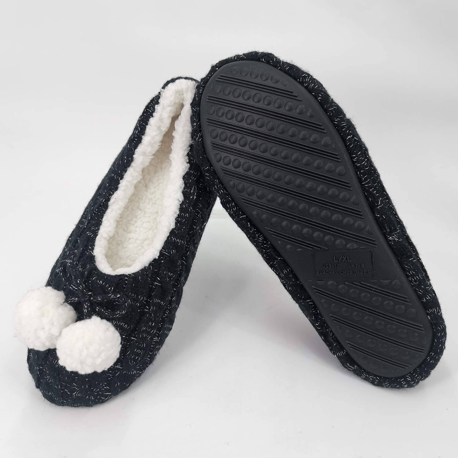 Zapatillas de casa de punto cálido para mujer, estilo de bailarina/zapatos de ballet para interiores con pompones, forro polar de Sherpa sintética, suelas de goma antideslizantes