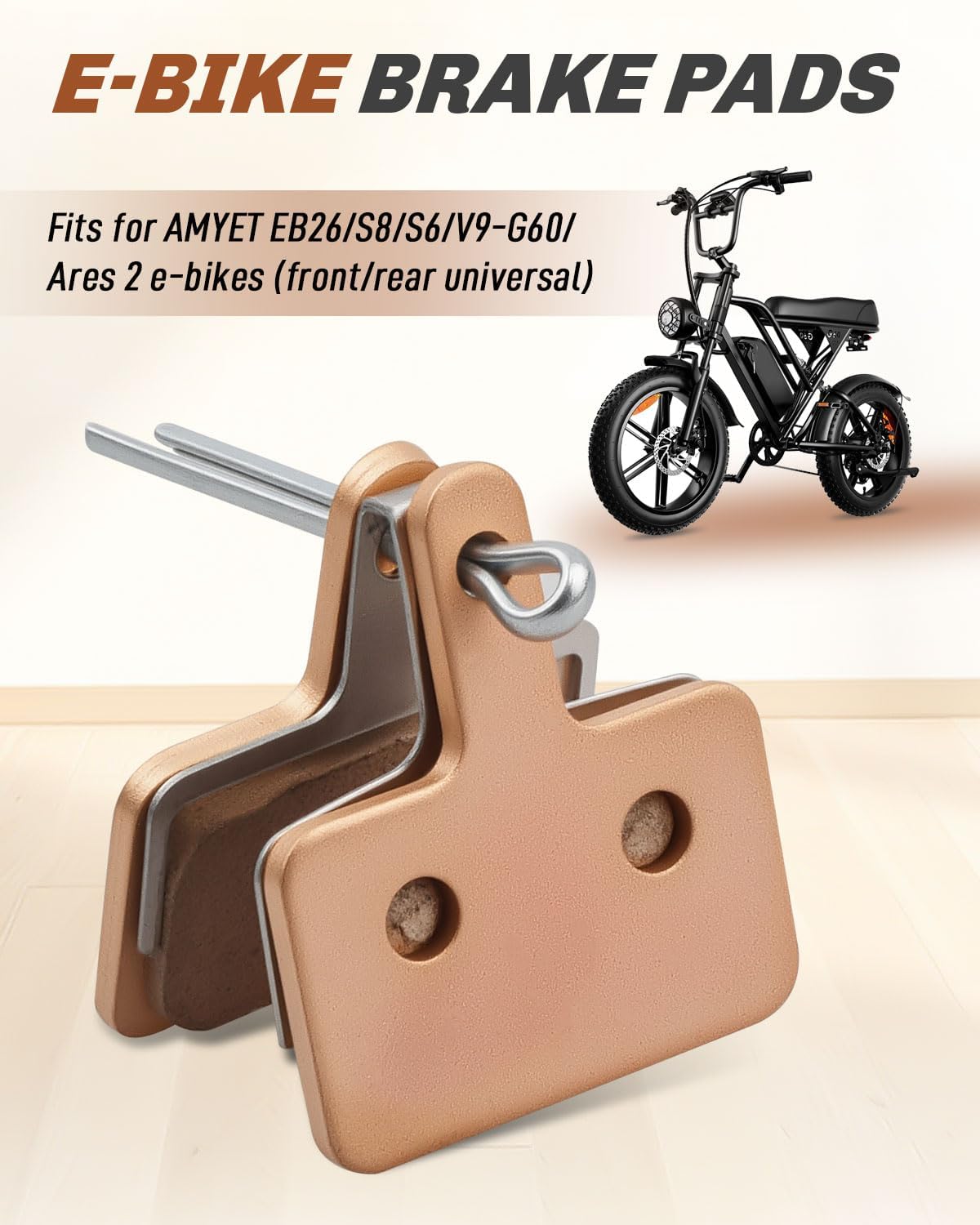Sintered E-Bike Brake Pads Fit for AMYET EB26 S8 S6 V9-G60 Ares 2 E-Bikes, for Fat Tire E-Bike Accessories, Rear Front Mechanical Hydraulic Disc Brake Pad with Spring Clip Pin, 2PCS
