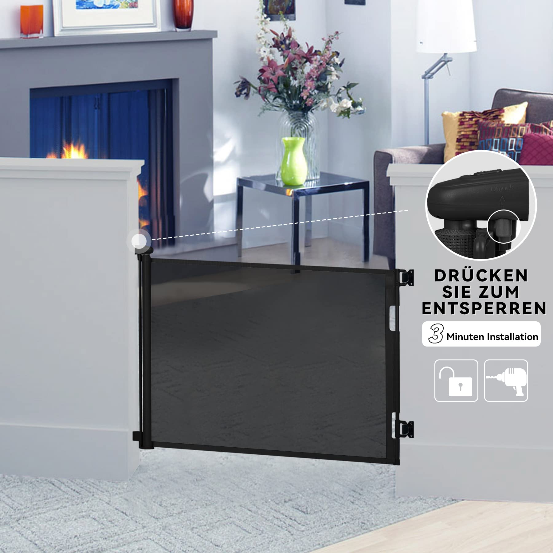 Hawthyhome Treppenschutzgitter Türschutzgitter Ausziehbar 0-180CM, Kinderschutzgitter,Schutzgitter Treppe für Babys und Haustiere Geeignet für Treppen, Türen, Terrasse （Schwarz-180CM
