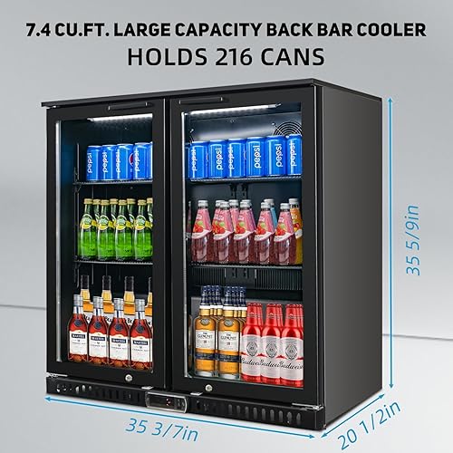 Miniatura 4 de Enfriador de barra trasera con 2 puertas de vidrio, refrigerador comercial de bar de 7.4 pies cúbicos, refrigerador de bebidas debajo del mostrador